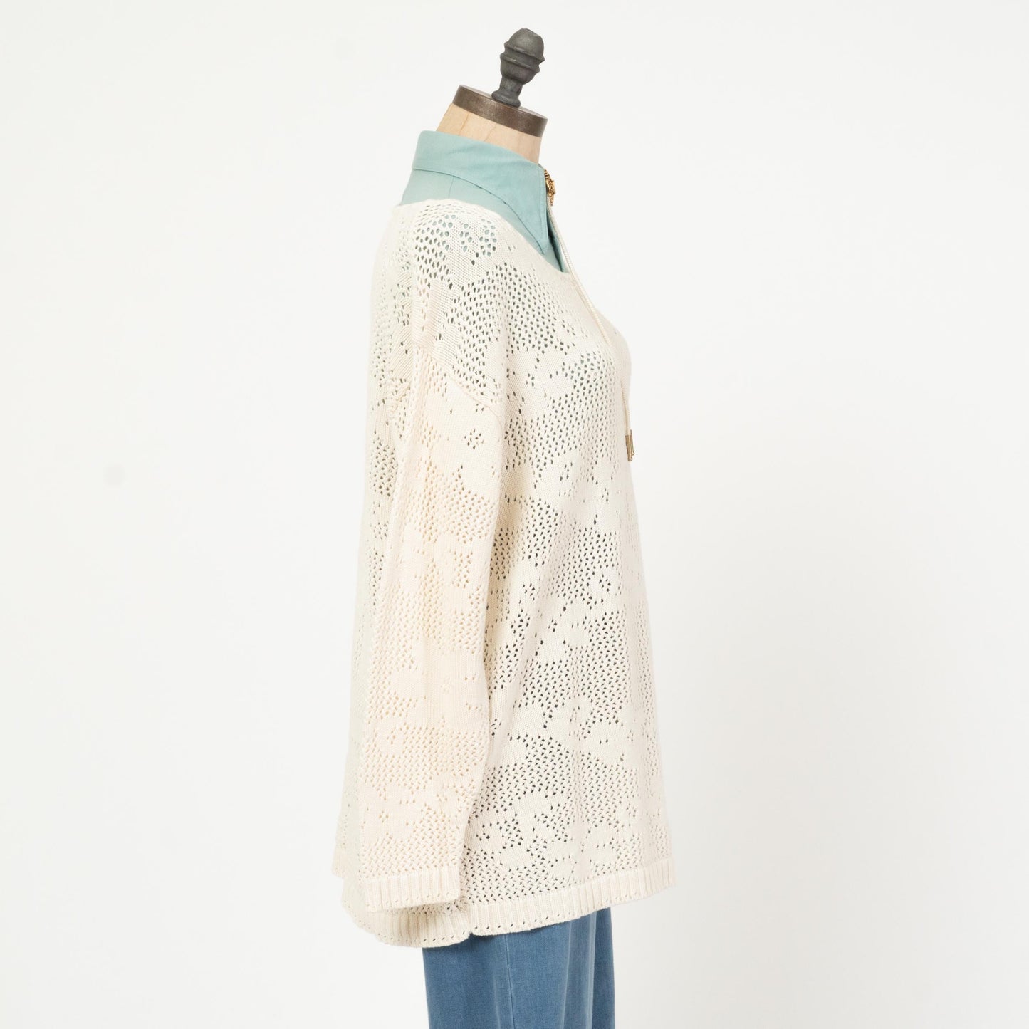 Vintage 90s White Floral Open Stitch Sweater - Medium | Longline Eyelet Knit Boatneck Pullover