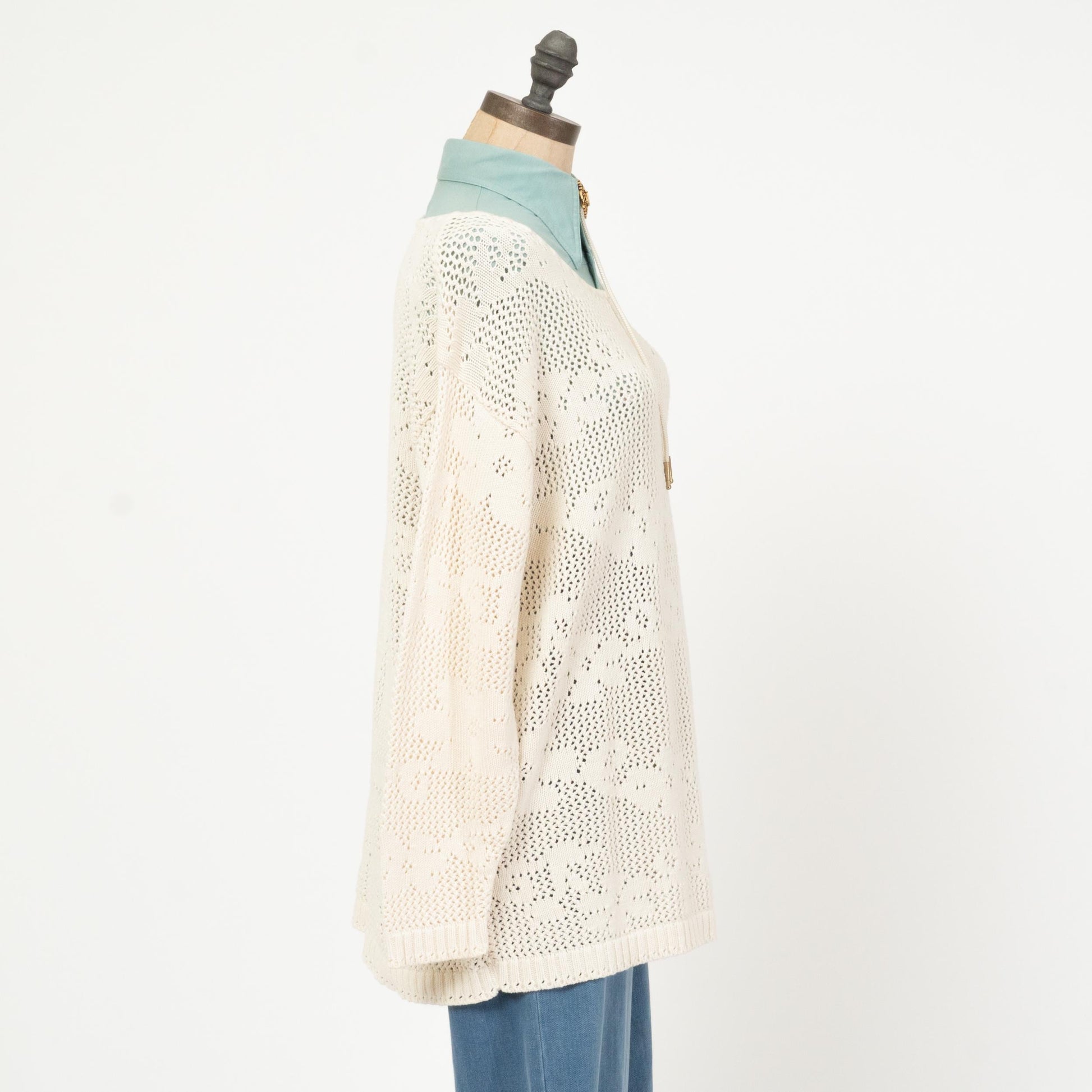 Vintage 90s White Floral Open Stitch Sweater - Medium | Longline Eyelet Knit Boatneck Pullover