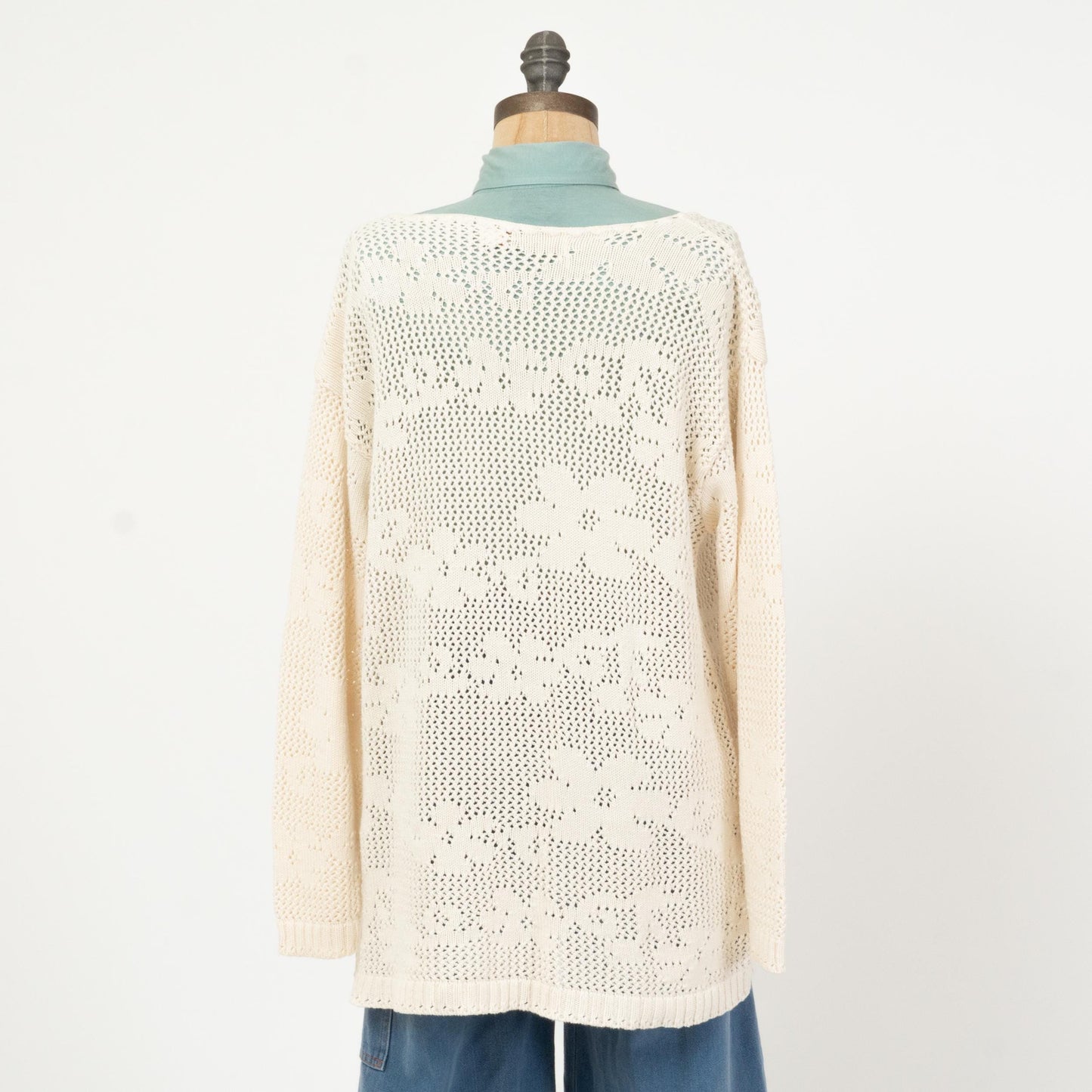 Vintage 90s White Floral Open Stitch Sweater - Medium | Longline Eyelet Knit Boatneck Pullover