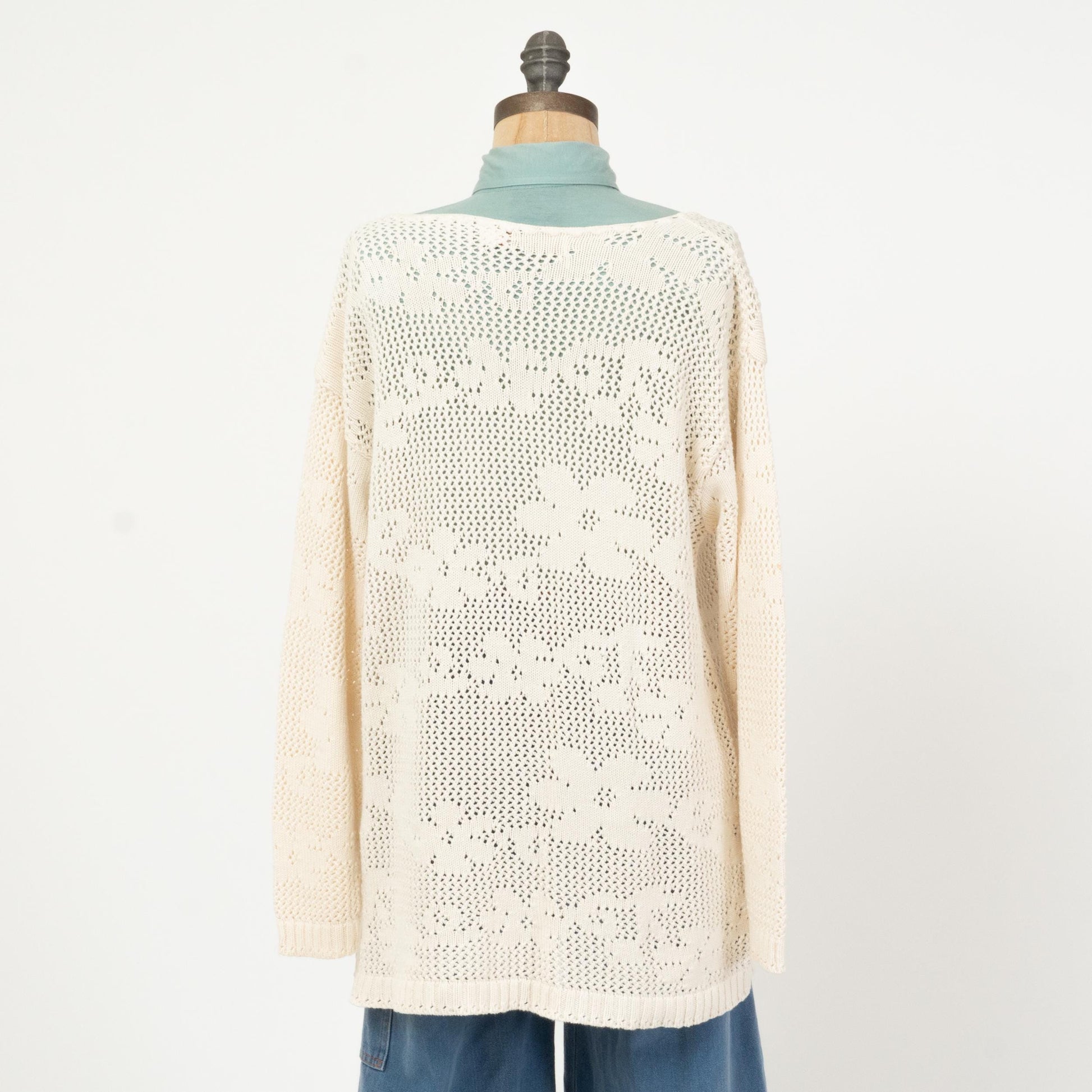 Vintage 90s White Floral Open Stitch Sweater - Medium | Longline Eyelet Knit Boatneck Pullover