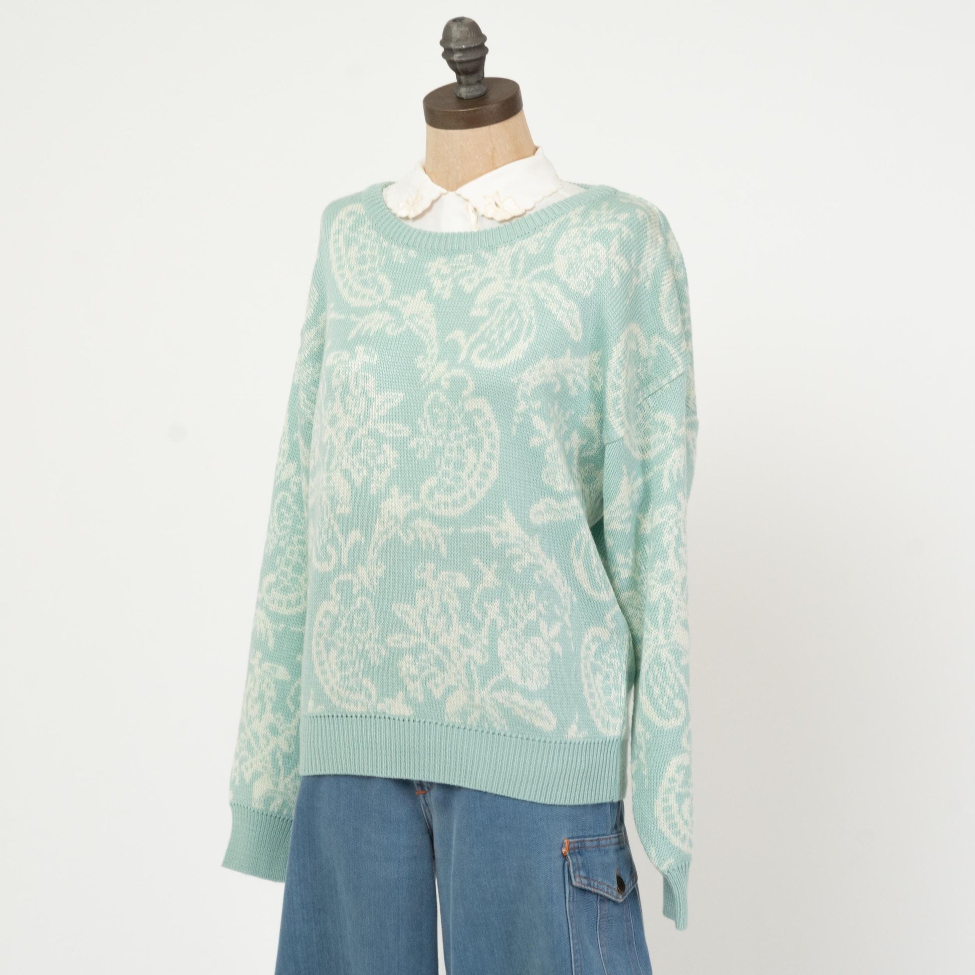 Vintage 80s Pastel Blue Floral Sweater - Large | Retro Cottagecore Grandma Sweater