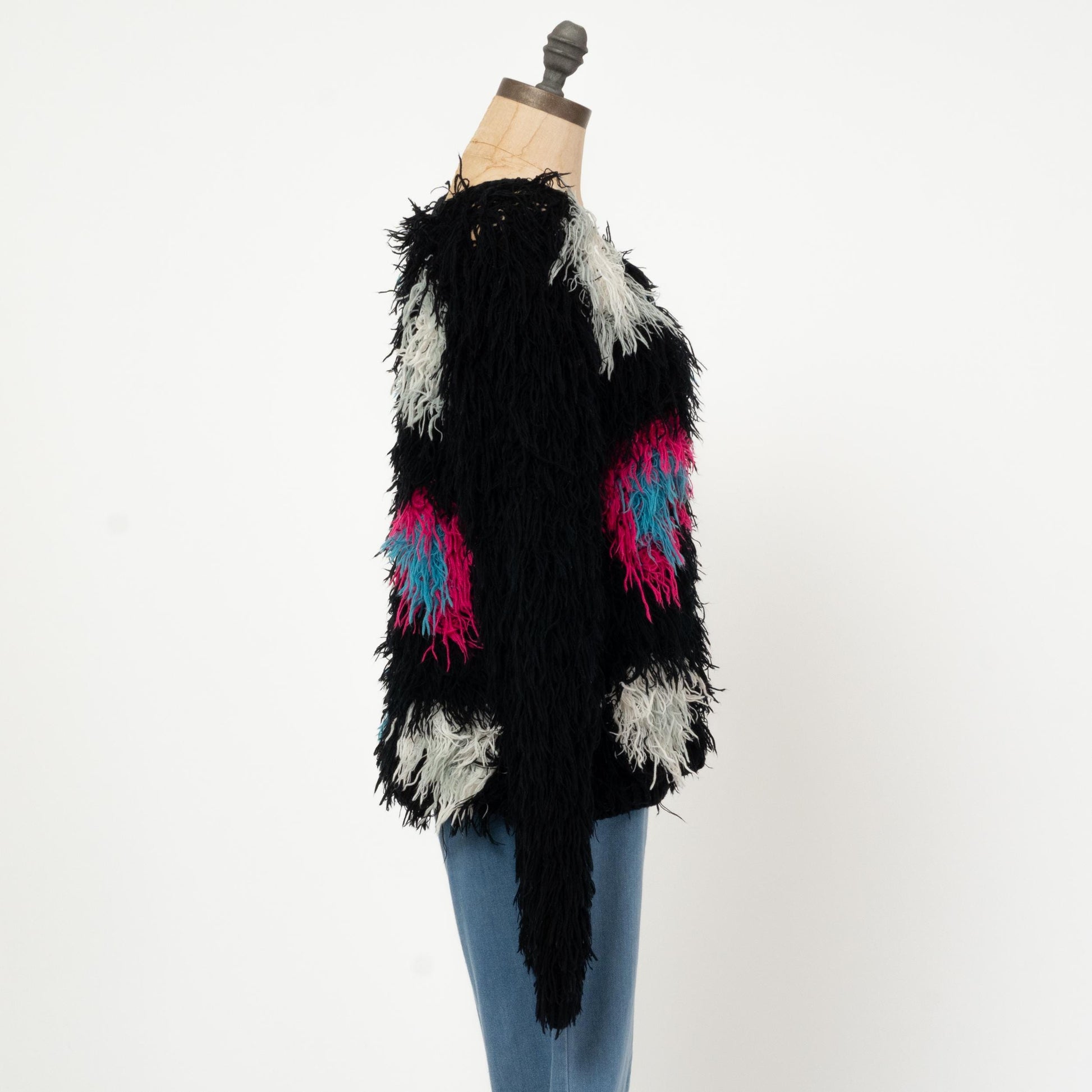Vintage 80s Shaggy Knit Muppet Sweater - Small | Oversize Black Pink Blue Pullover