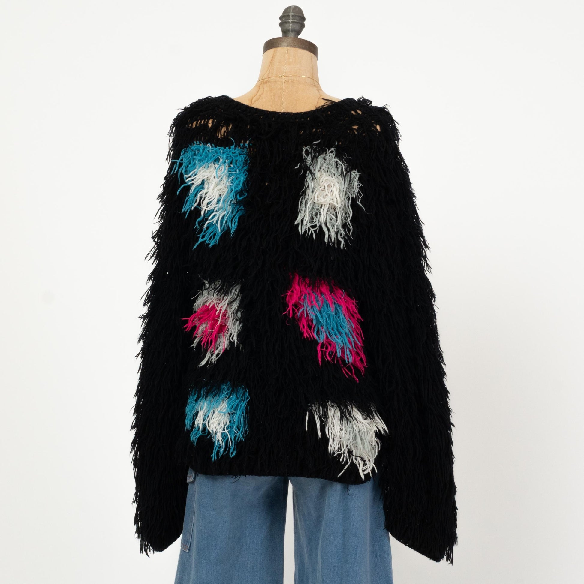 Vintage 80s Shaggy Knit Muppet Sweater - Small | Oversize Black Pink Blue Pullover