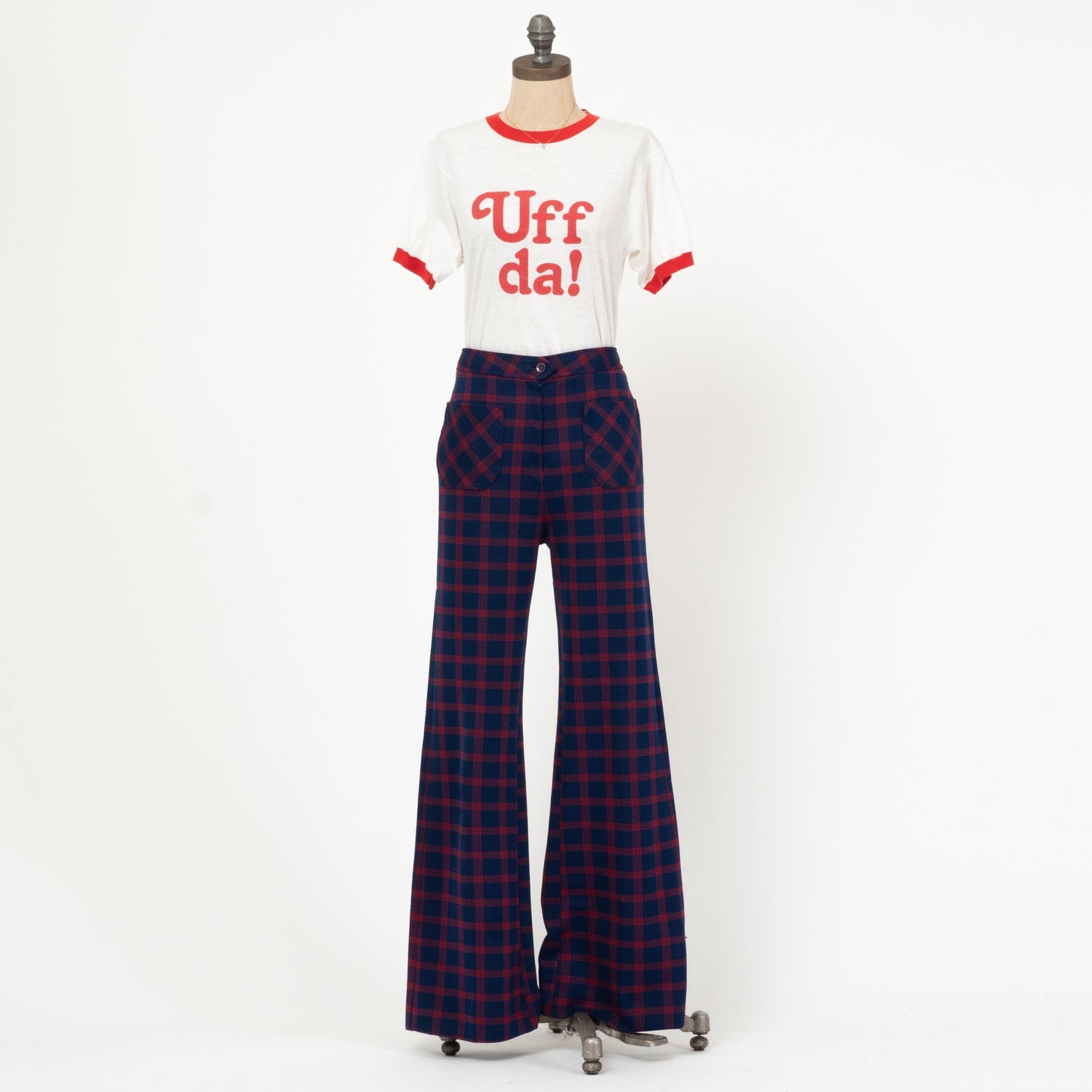 Vintage 70s Navy Blue & Red Plaid Flared Pants - Medium, 28" Waist | Retro High Waisted Trousers