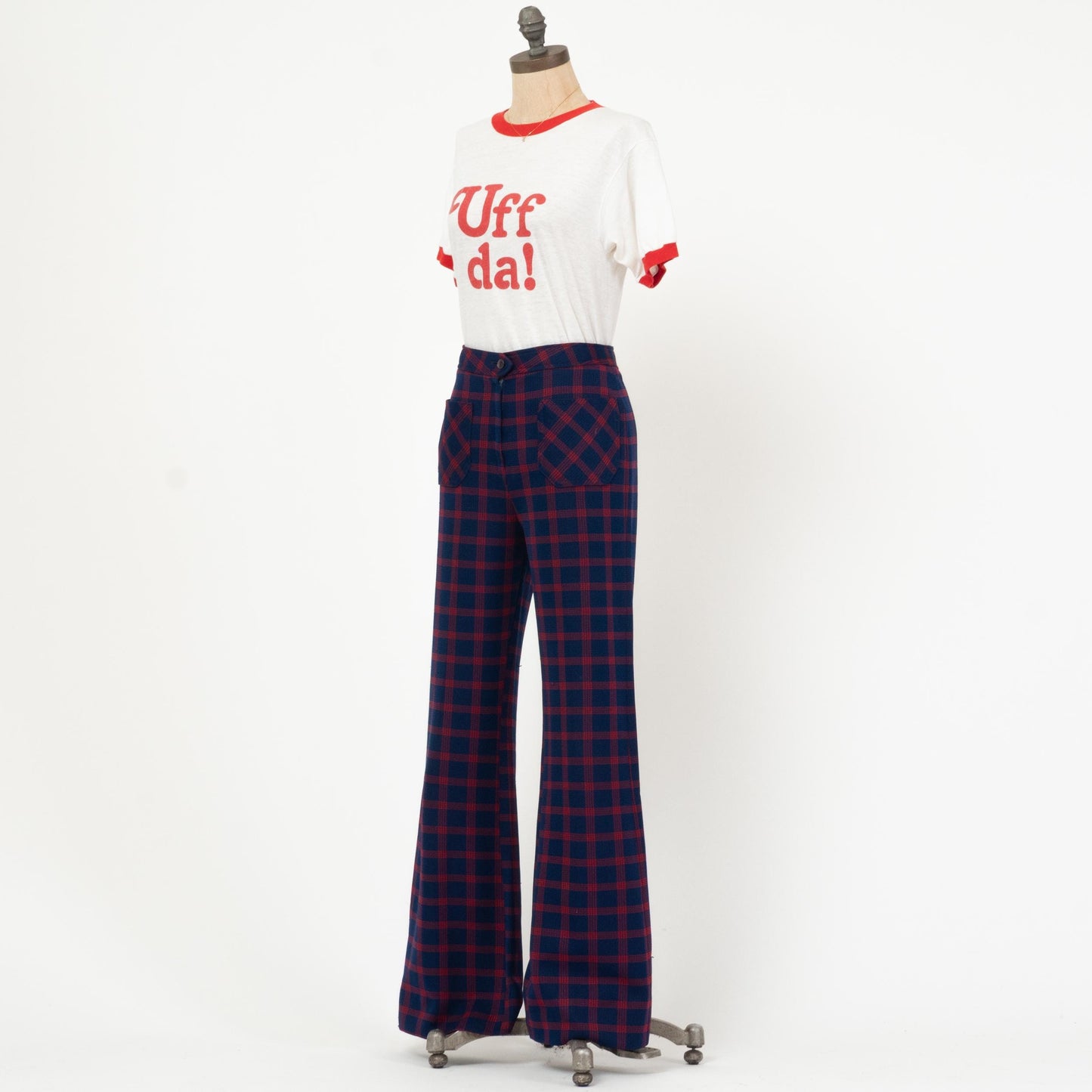 Vintage 70s Navy Blue & Red Plaid Flared Pants - Medium, 28" Waist | Retro High Waisted Trousers