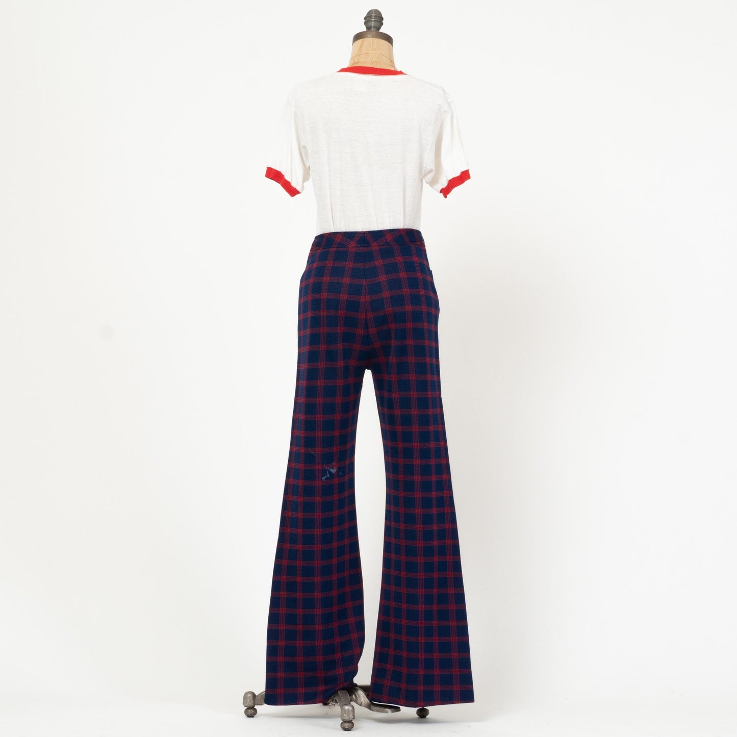 Vintage 70s Navy Blue & Red Plaid Flared Pants - Medium, 28" Waist | Retro High Waisted Trousers