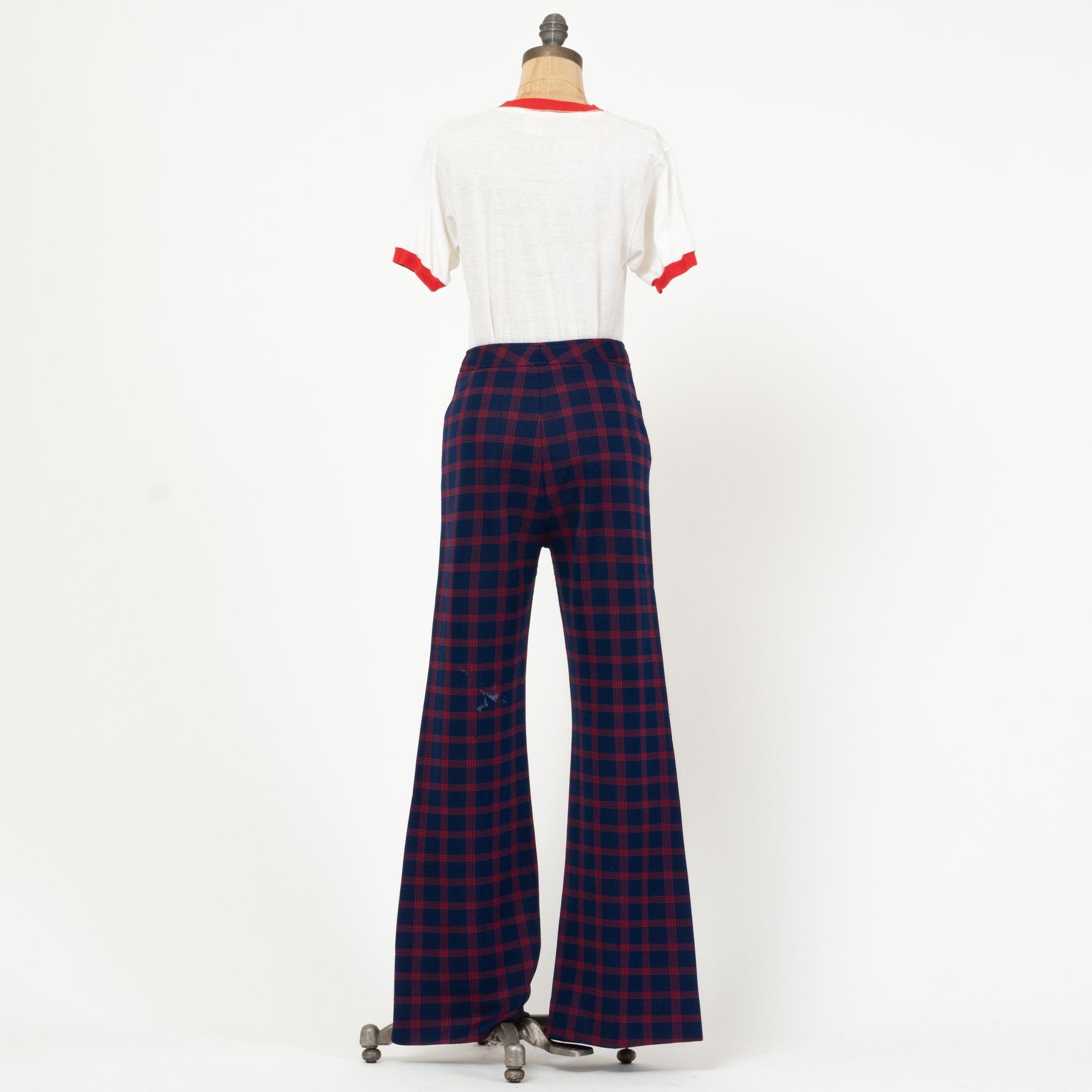 Vintage 70s Navy Blue & Red Plaid Flared Pants - Medium, 28" Waist | Retro High Waisted Trousers