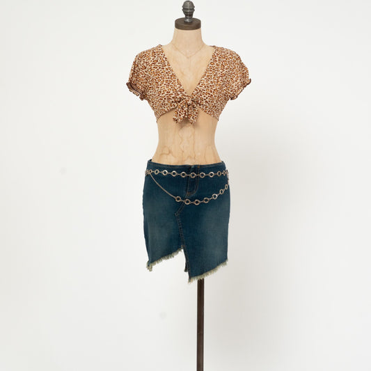 Vintage Y2K Low Rise Asymmetrical Denim Mini Skirt - Small | Faded Dark Wash Blue Jean Miniskirt