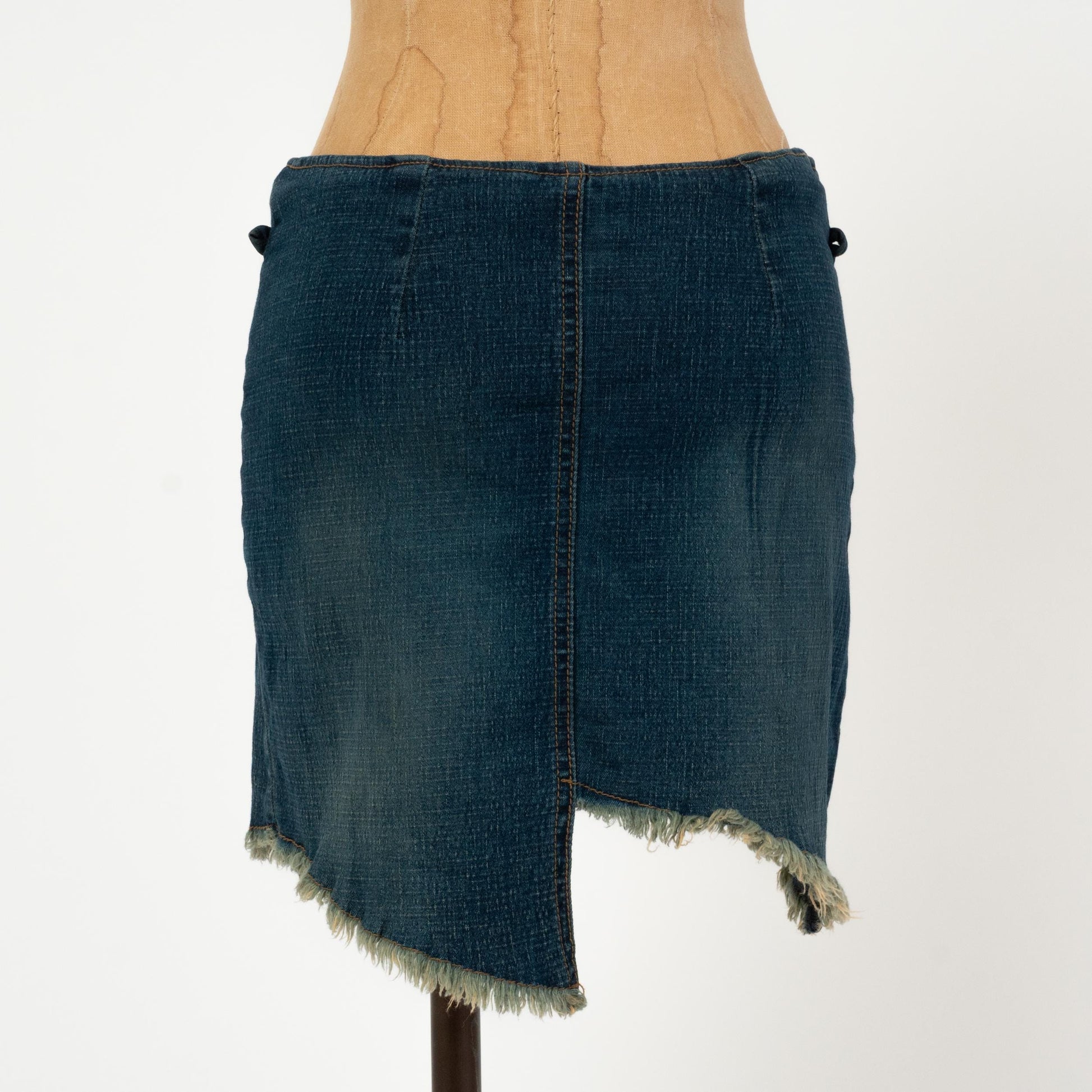 Vintage Y2K Low Rise Asymmetrical Denim Mini Skirt - Small | Faded Dark Wash Blue Jean Miniskirt