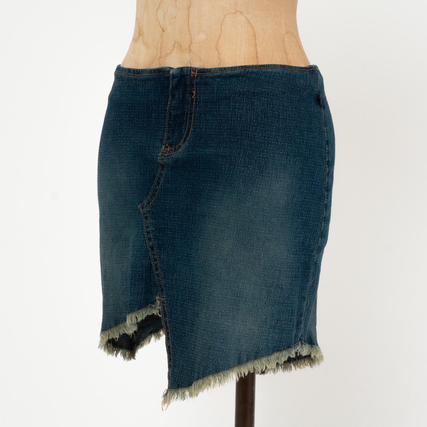 Vintage Y2K Low Rise Asymmetrical Denim Mini Skirt - Small | Faded Dark Wash Blue Jean Miniskirt
