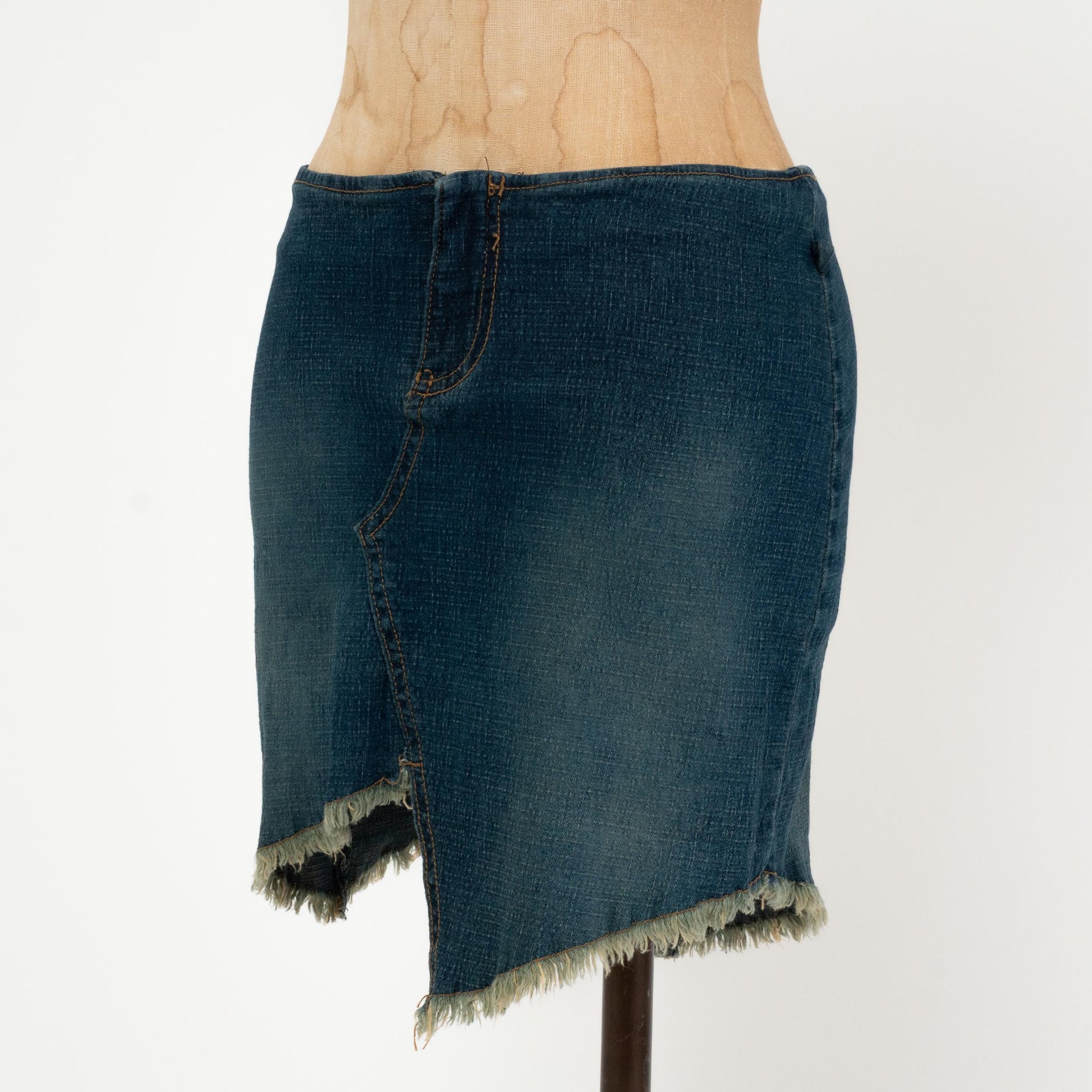 Vintage Y2K Low Rise Asymmetrical Denim Mini Skirt - Small | Faded Dark Wash Blue Jean Miniskirt