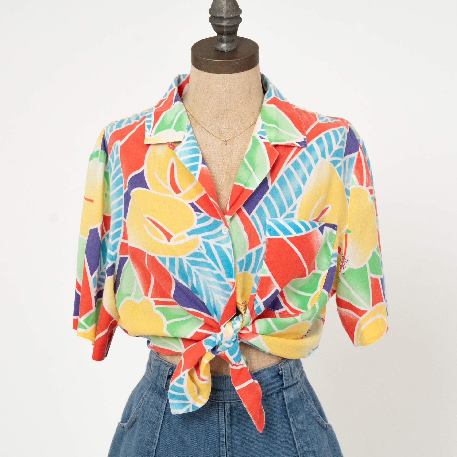 Vintage 80s Soft Tropical Floral Blouse - Large | Retro Women's Hawaiian Shirt