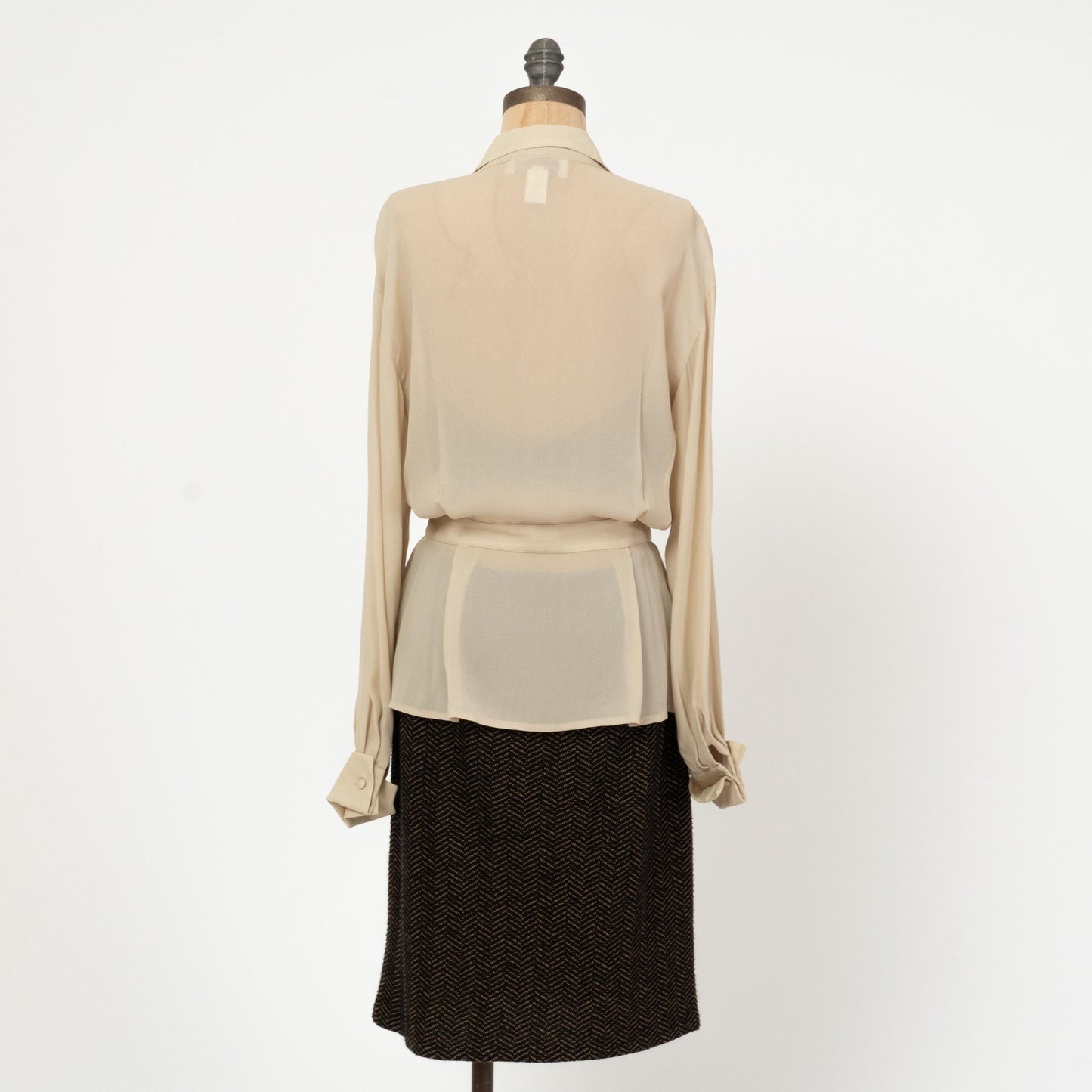 Vintage 90s Sheer Taupe Cinched Waist Blouse - Medium | Bishop Sleeve Collared Top