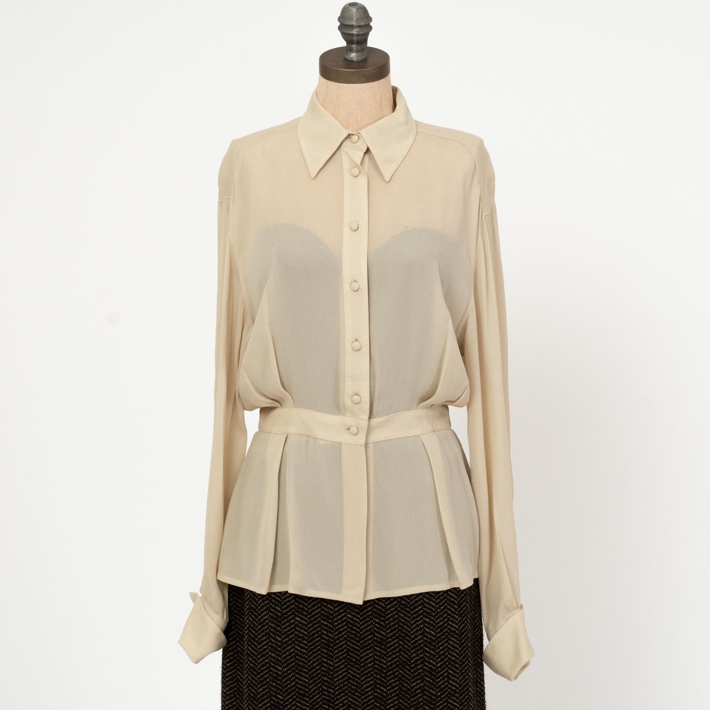 Vintage 90s Sheer Taupe Cinched Waist Blouse - Medium | Bishop Sleeve Collared Top