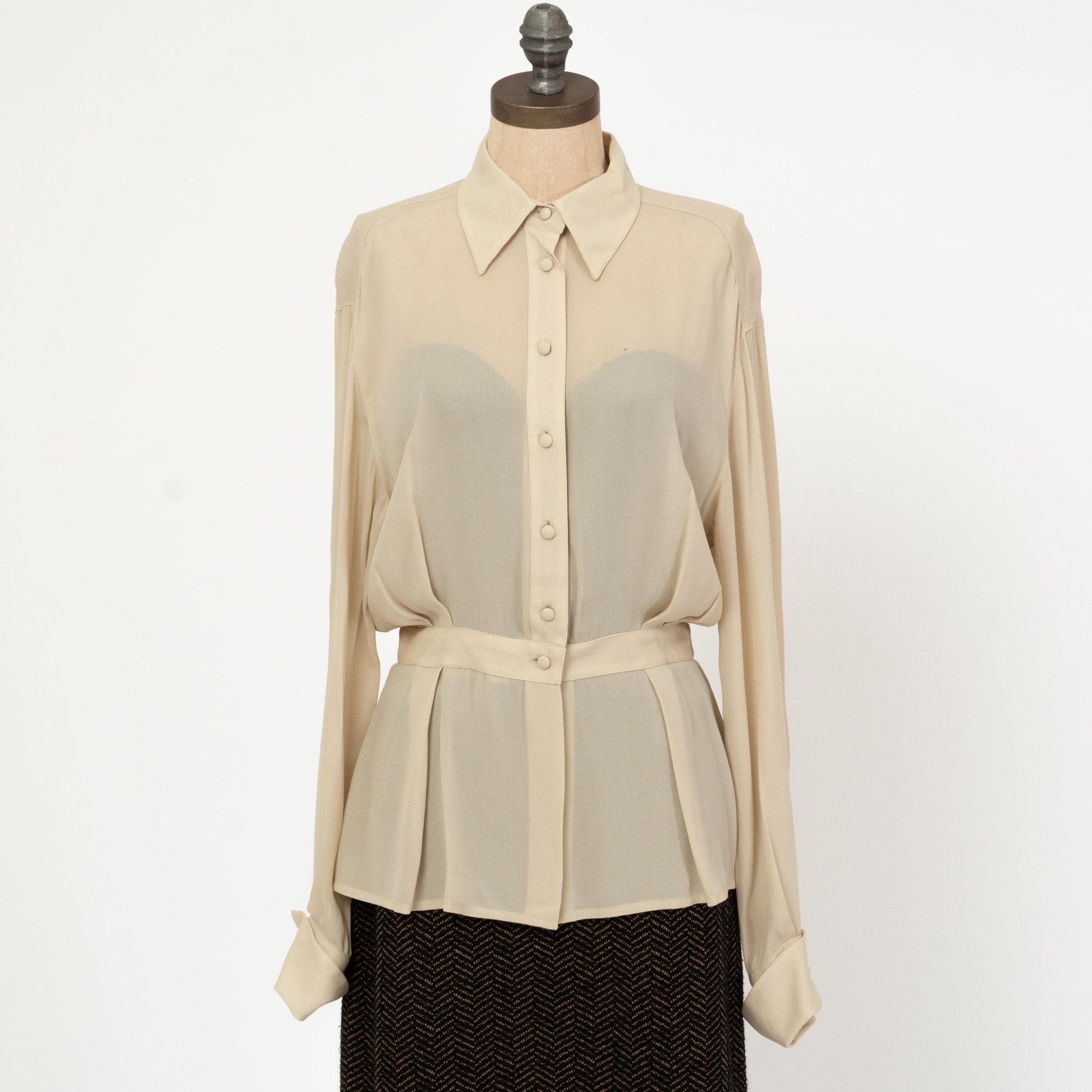 Vintage 90s Sheer Taupe Cinched Waist Blouse - Medium | Bishop Sleeve Collared Top