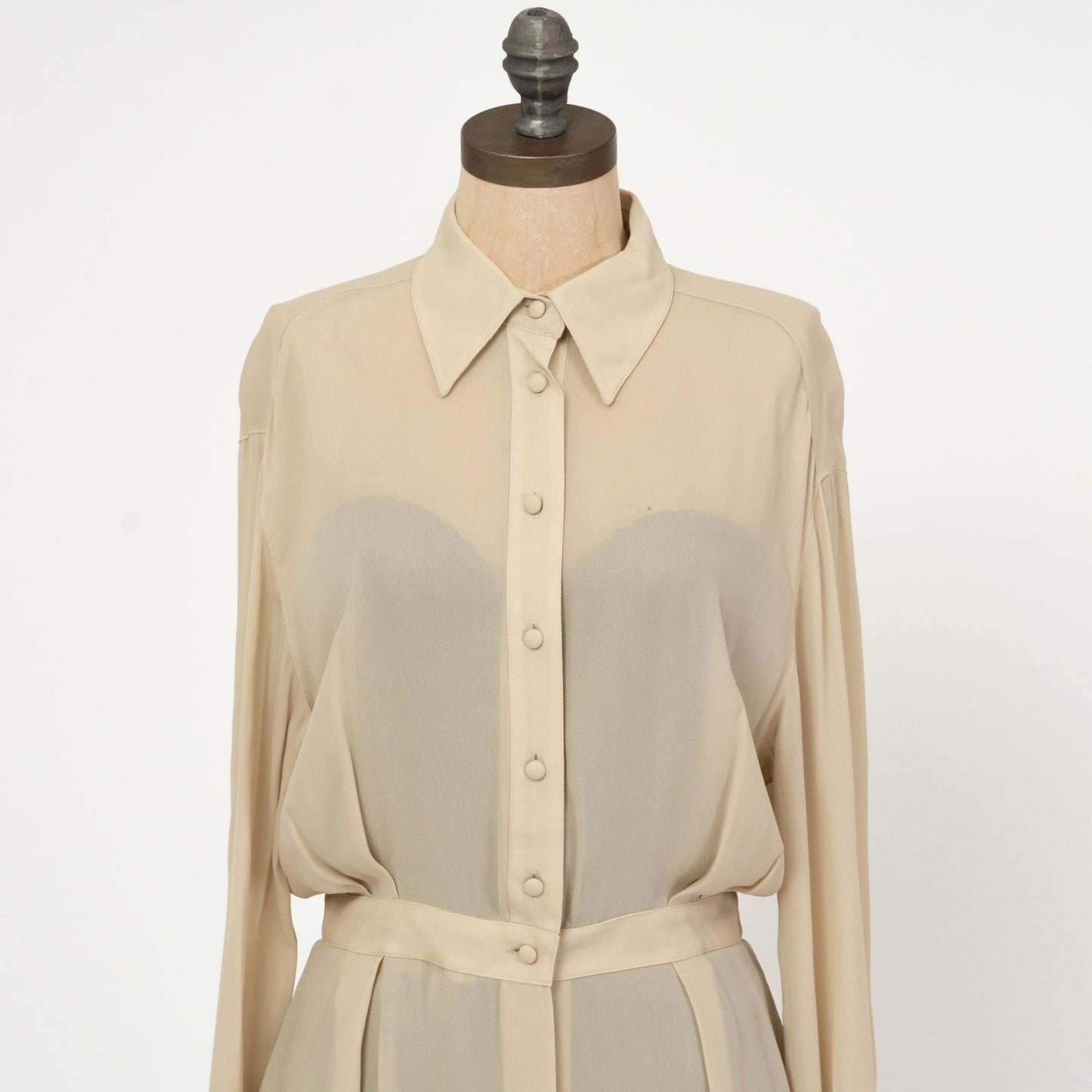 Vintage 90s Sheer Taupe Cinched Waist Blouse - Medium | Bishop Sleeve Collared Top