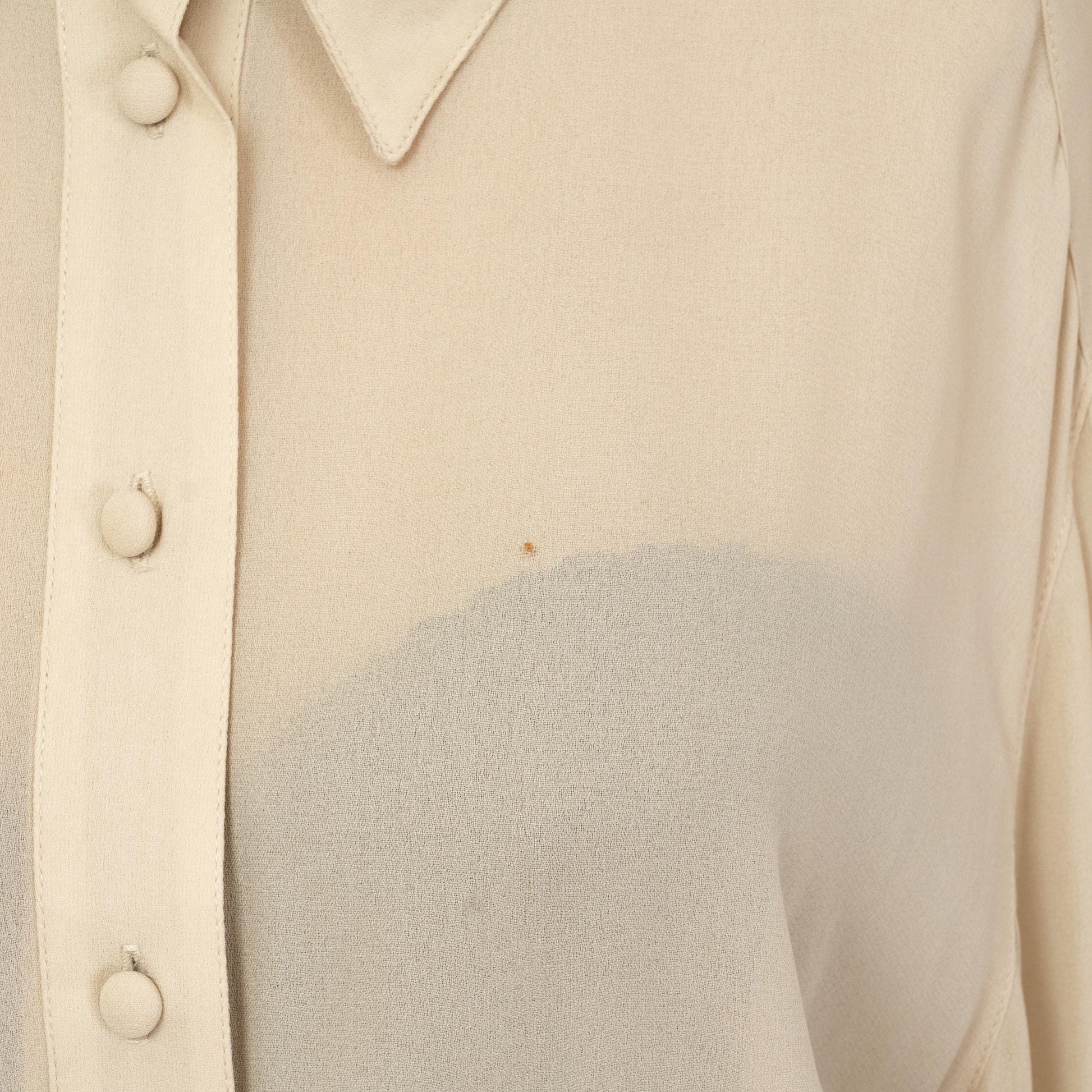 Vintage 90s Sheer Taupe Cinched Waist Blouse - Medium | Bishop Sleeve Collared Top