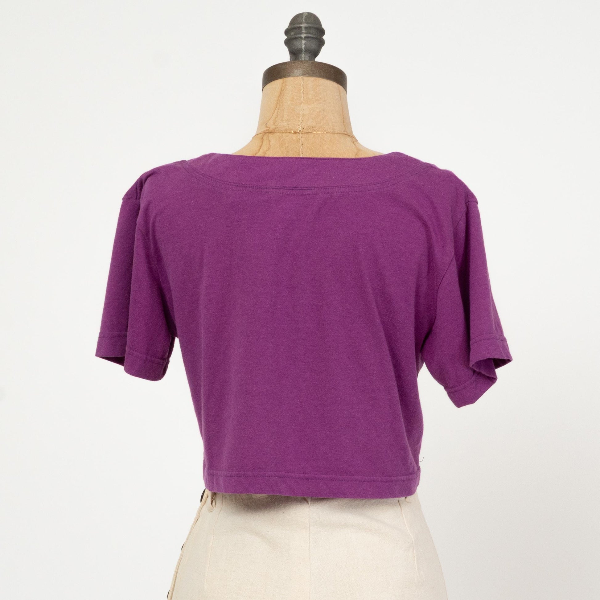 Vintage 90s Purple Henley Crop Top - Medium | Short Sleeve Cropped Shirt