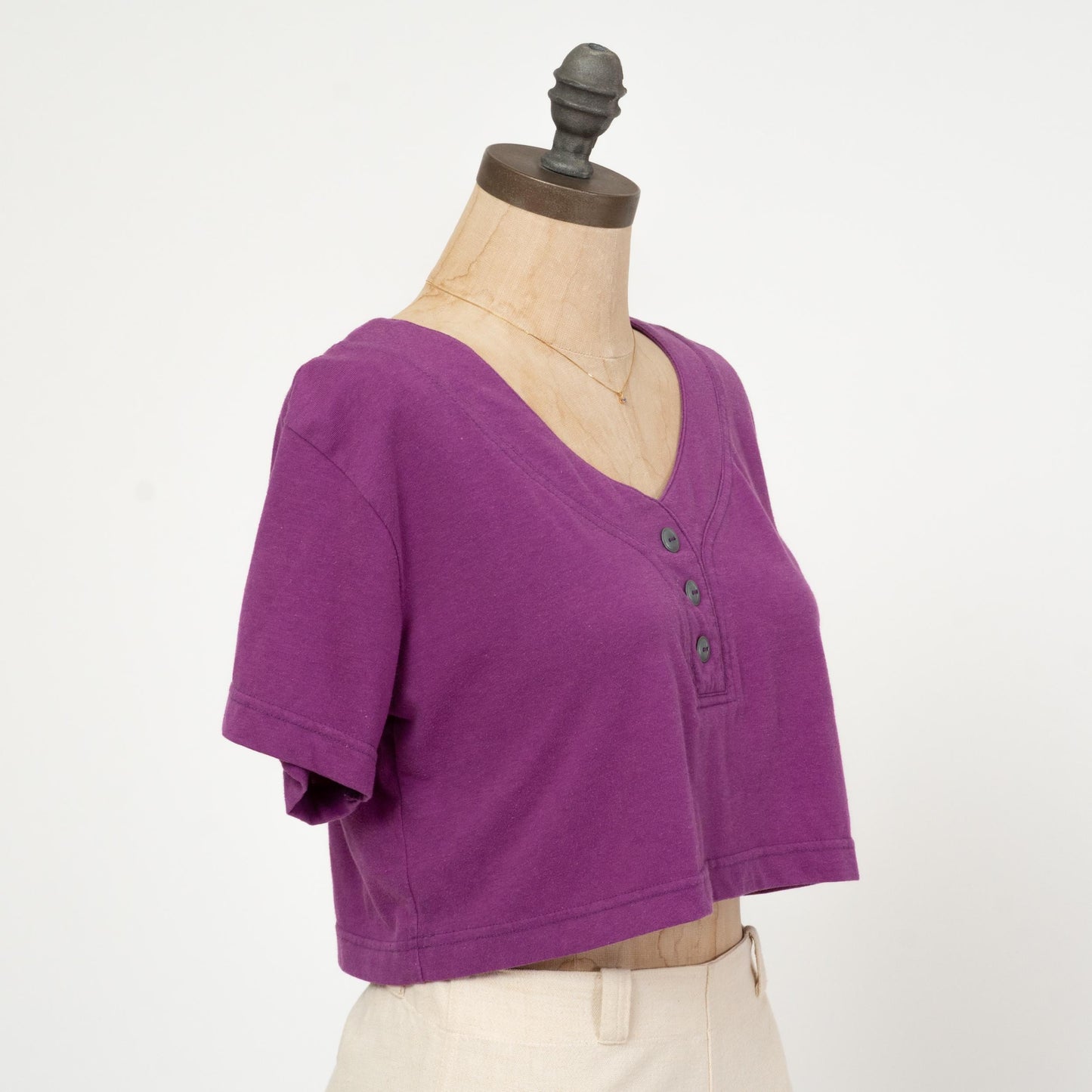 Vintage 90s Purple Henley Crop Top - Medium | Short Sleeve Cropped Shirt