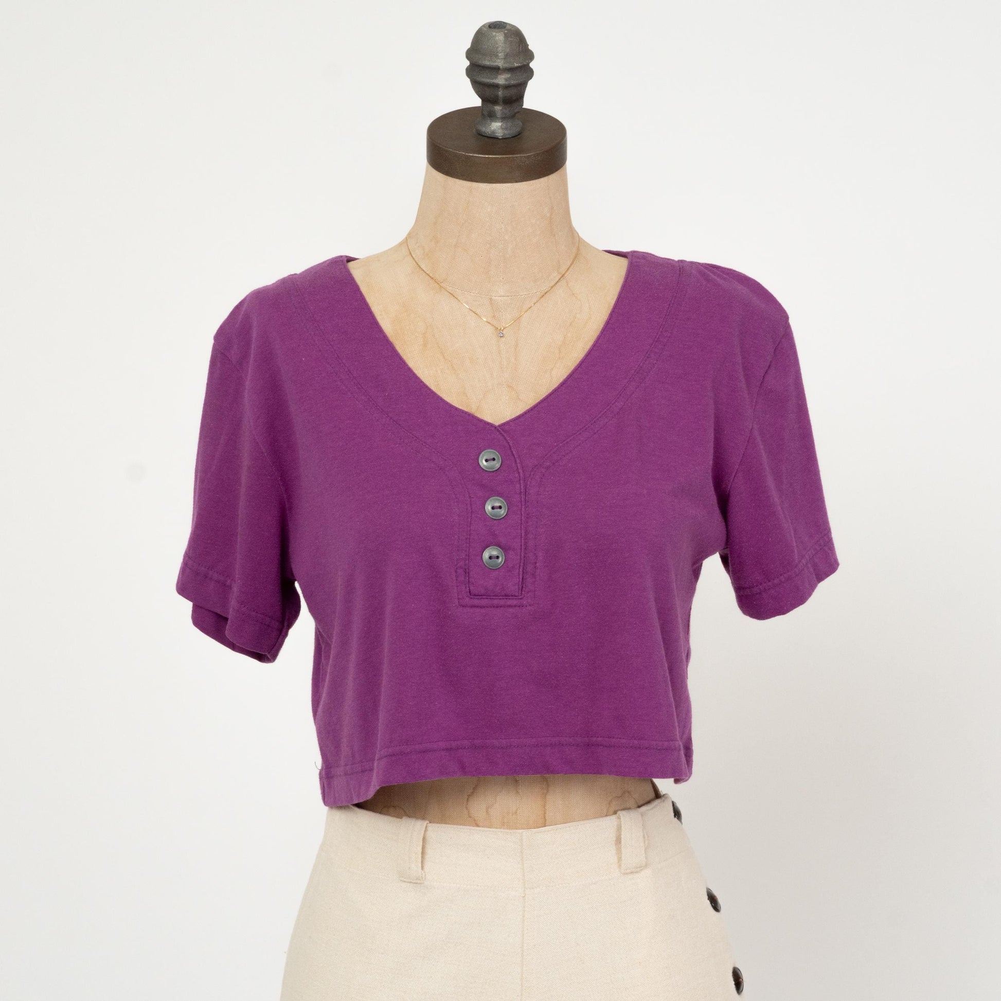 Vintage 90s Purple Henley Crop Top - Medium | Short Sleeve Cropped Shirt