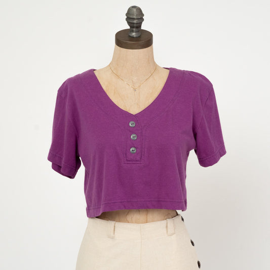 Vintage 90s Purple Henley Crop Top - Medium | Short Sleeve Cropped Shirt