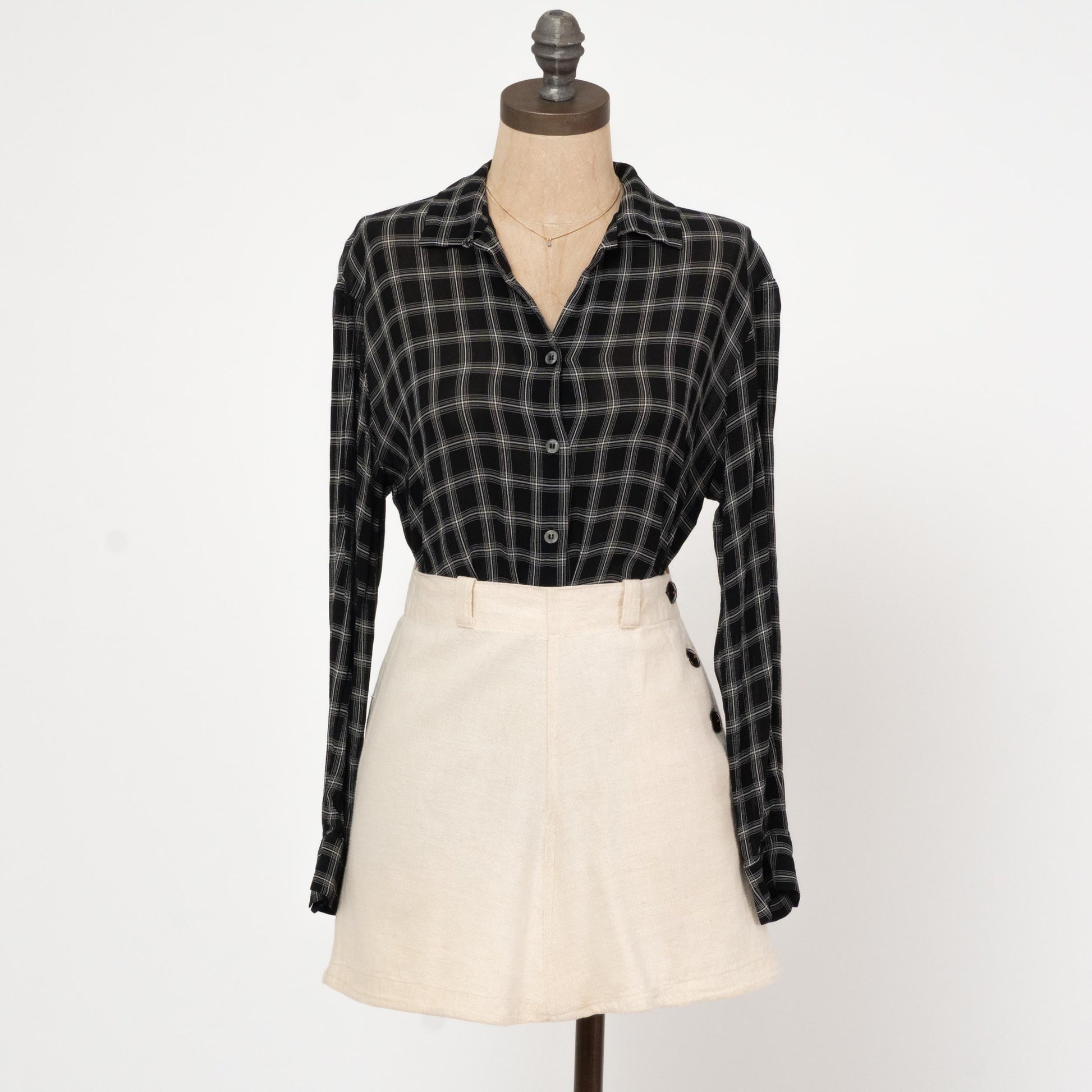 Vintage 90s Black Windowpane Plaid Blouse - Small | Button Up Collared Long Sleeve Shirt