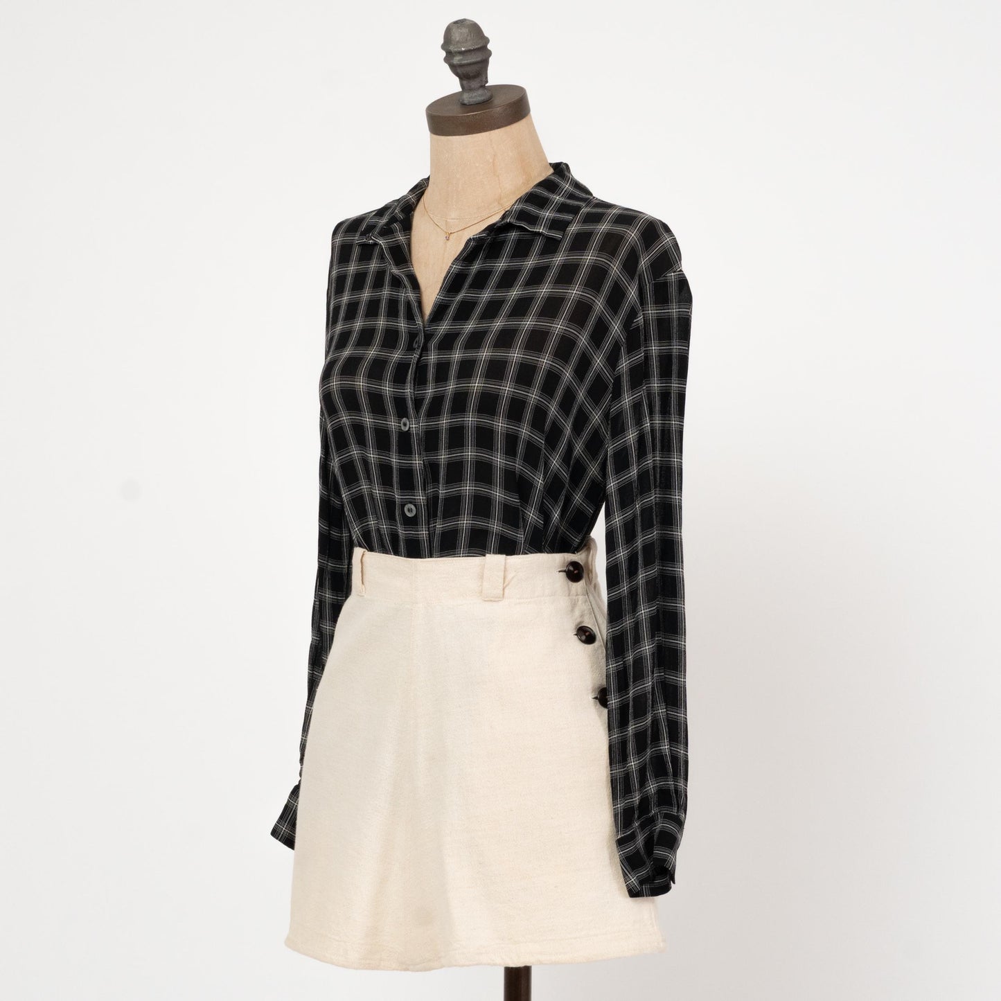 Vintage 90s Black Windowpane Plaid Blouse - Small | Button Up Collared Long Sleeve Shirt