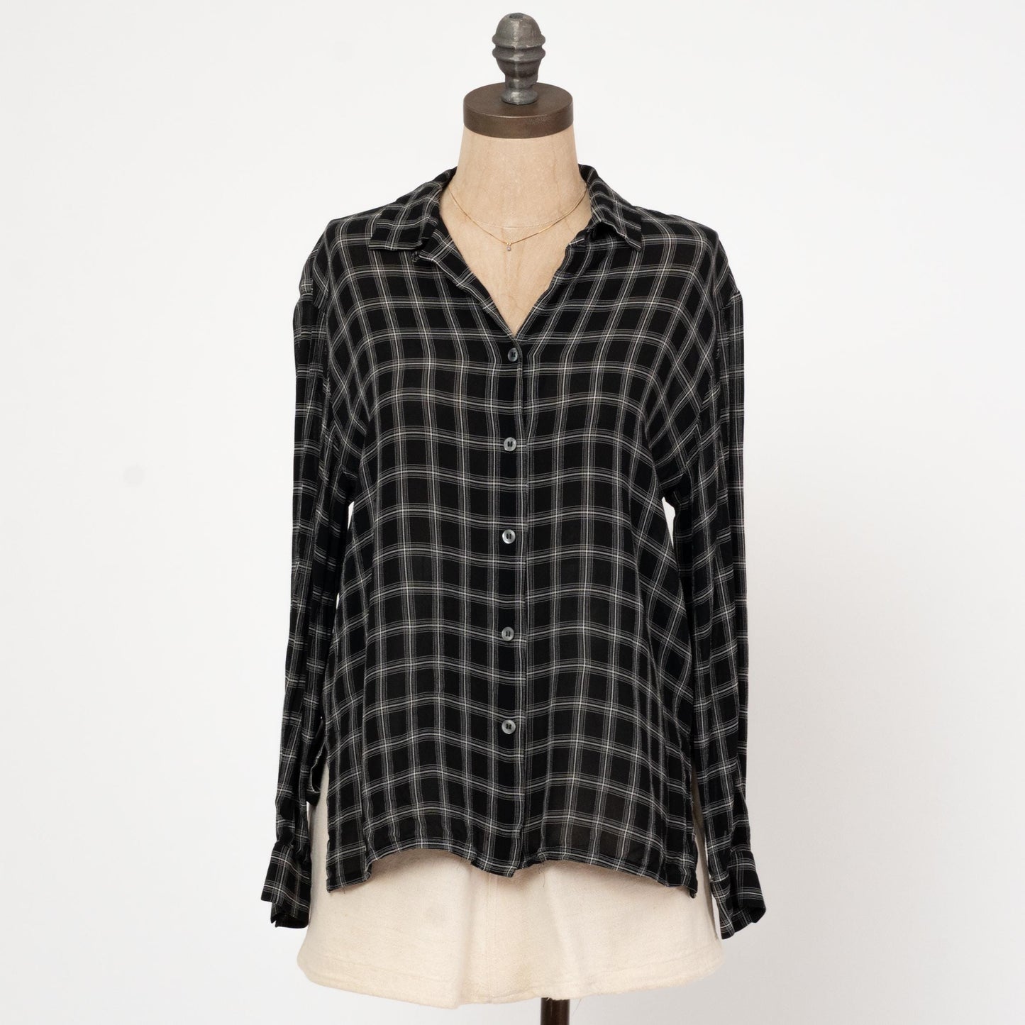 Vintage 90s Black Windowpane Plaid Blouse - Small | Button Up Collared Long Sleeve Shirt