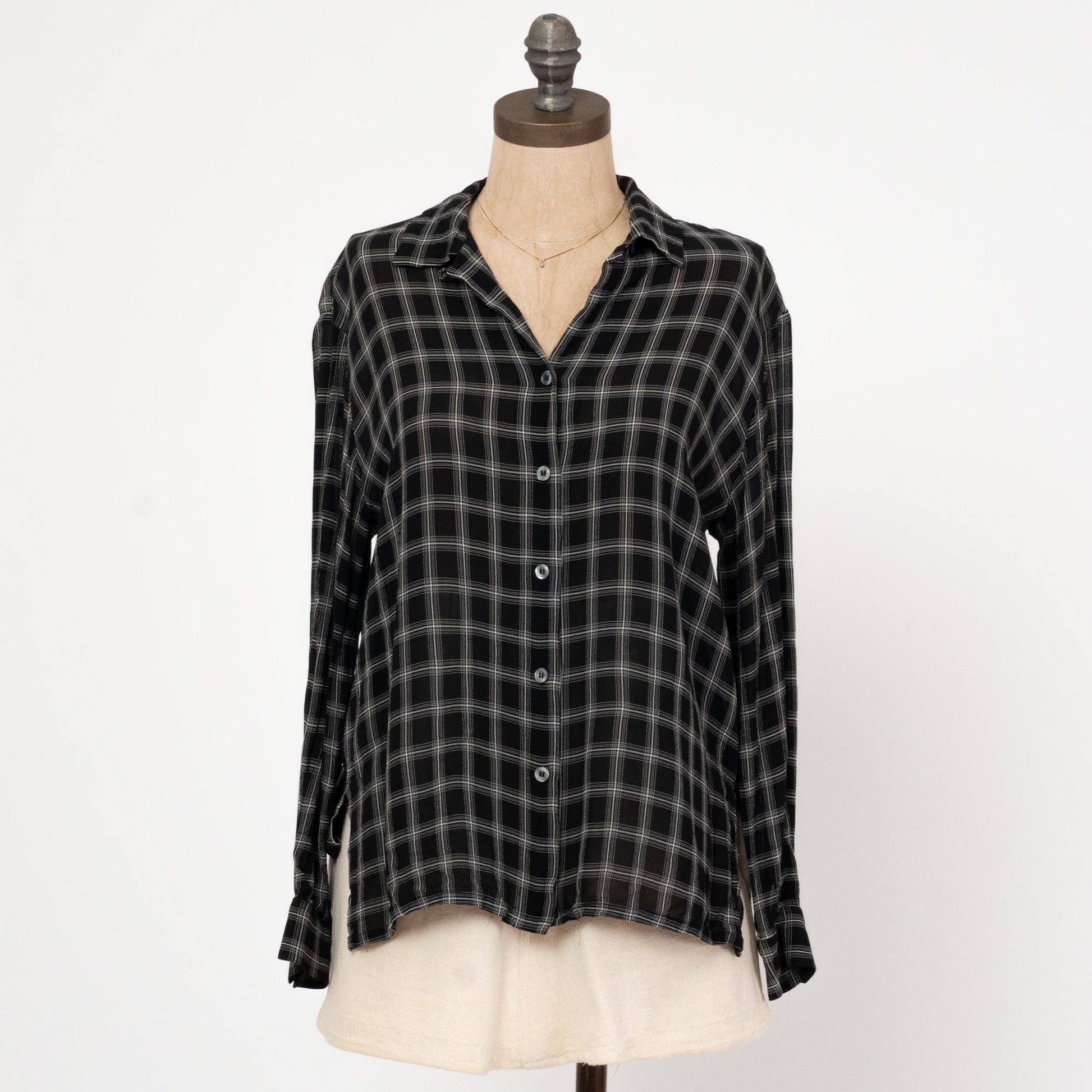 Vintage 90s Black Windowpane Plaid Blouse - Small | Button Up Collared Long Sleeve Shirt