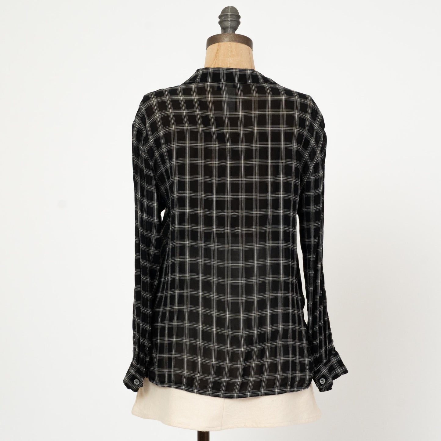 Vintage 90s Black Windowpane Plaid Blouse - Small | Button Up Collared Long Sleeve Shirt