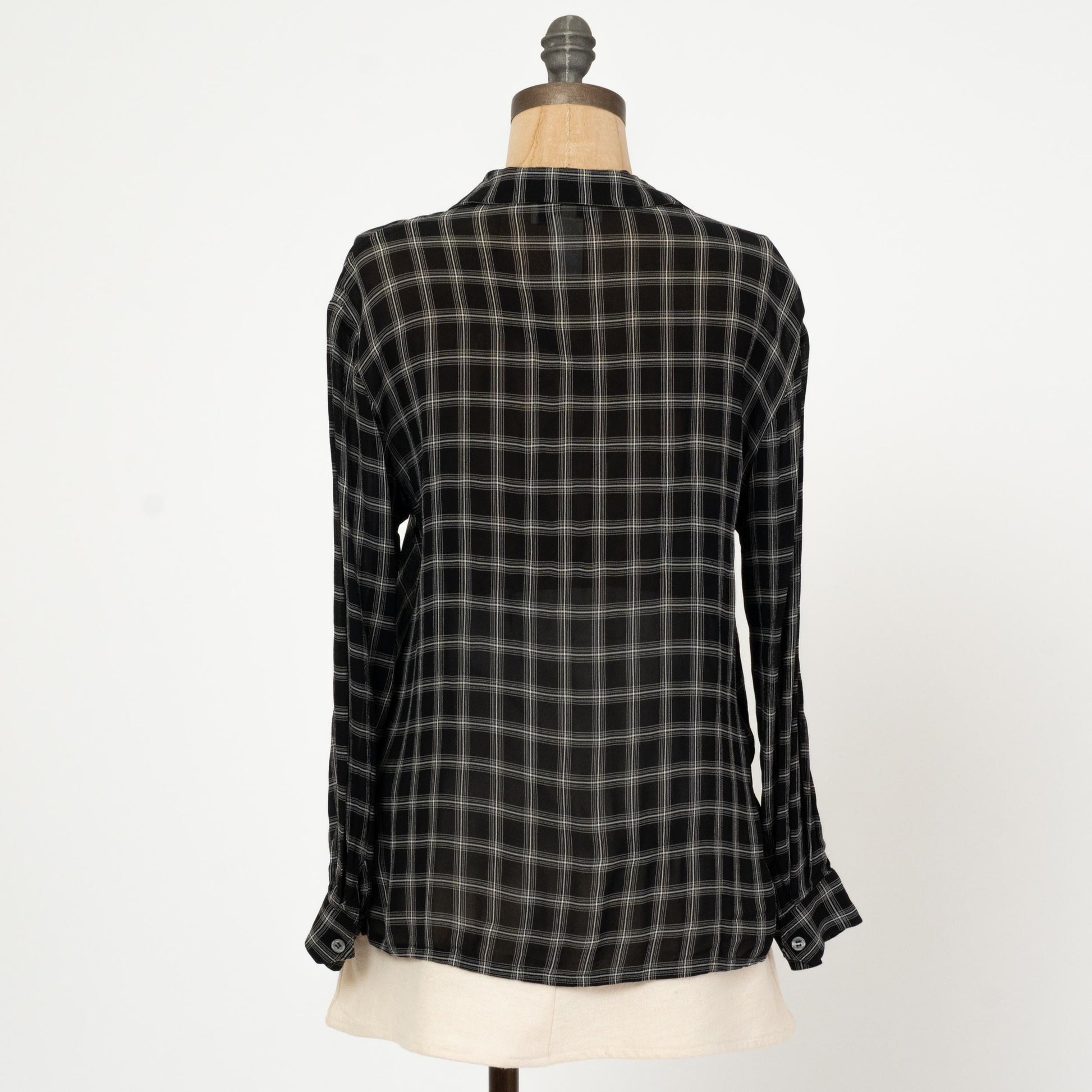 Vintage 90s Black Windowpane Plaid Blouse - Small | Button Up Collared Long Sleeve Shirt