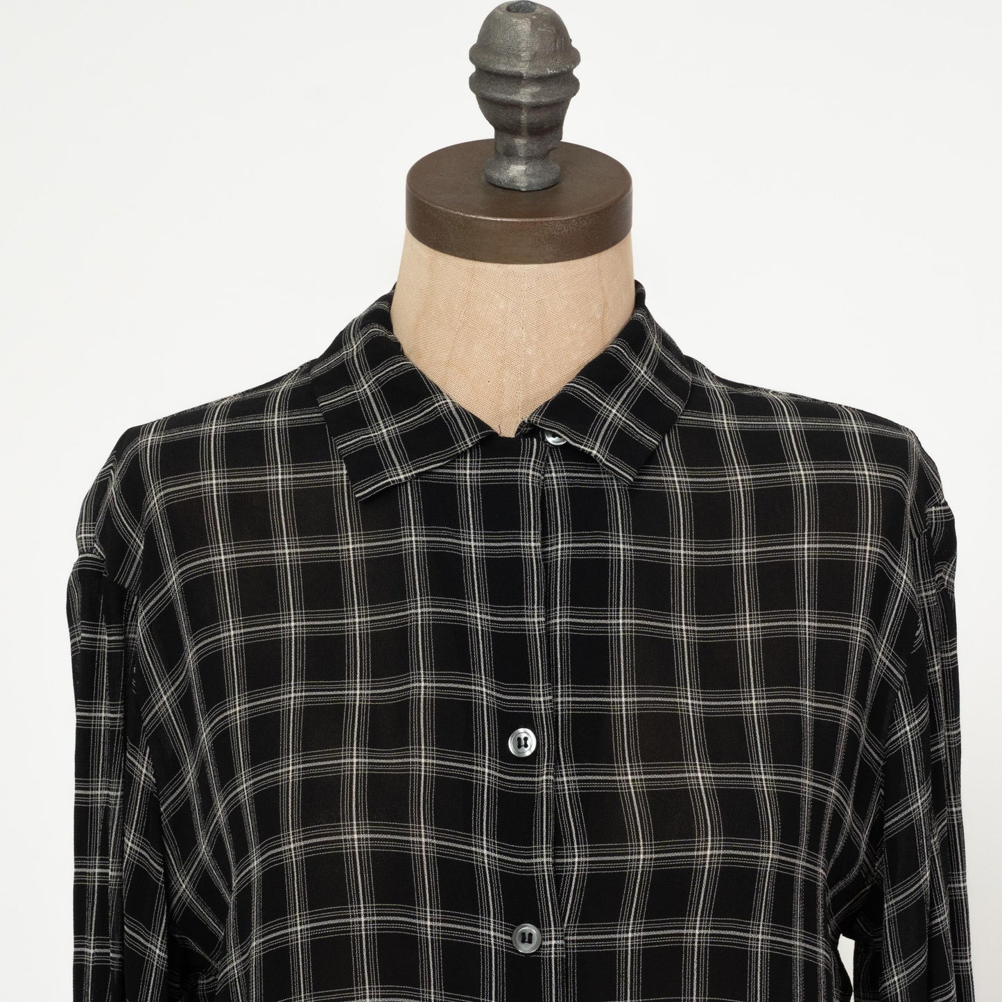 Vintage 90s Black Windowpane Plaid Blouse - Small | Button Up Collared Long Sleeve Shirt
