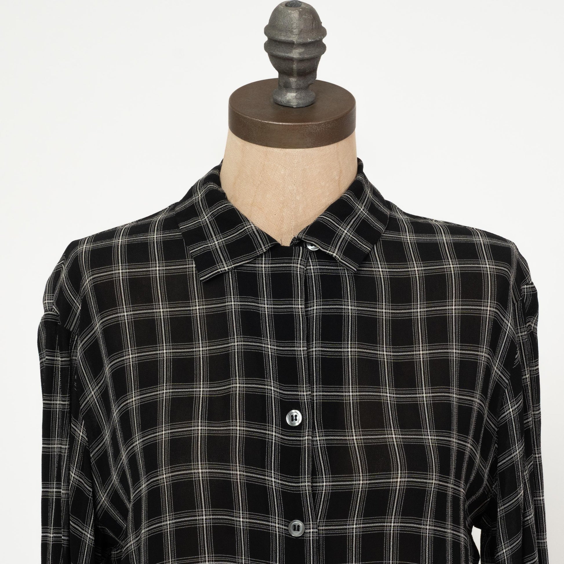 Vintage 90s Black Windowpane Plaid Blouse - Small | Button Up Collared Long Sleeve Shirt
