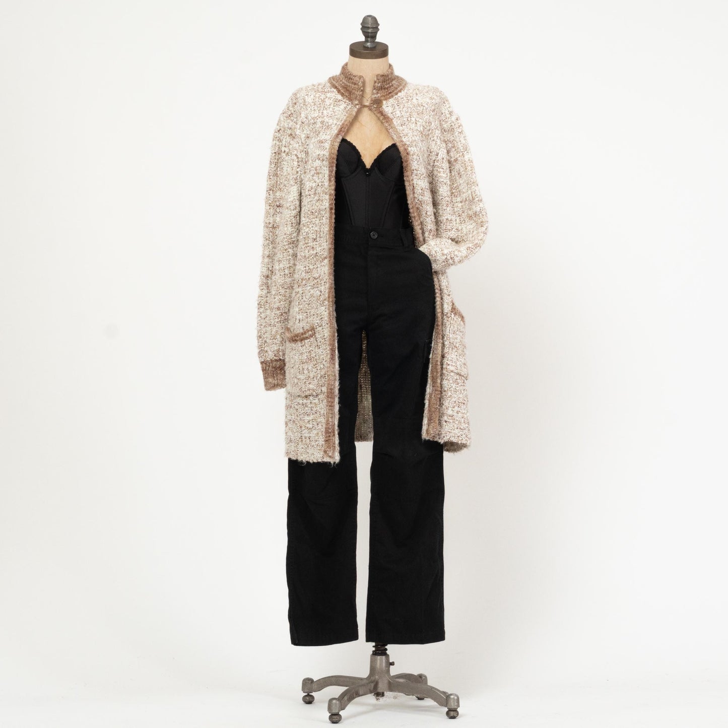 Vintage 80s Two Tone Marled Knit Long Cardigan - Small | Open Front Boho Longline Sweater