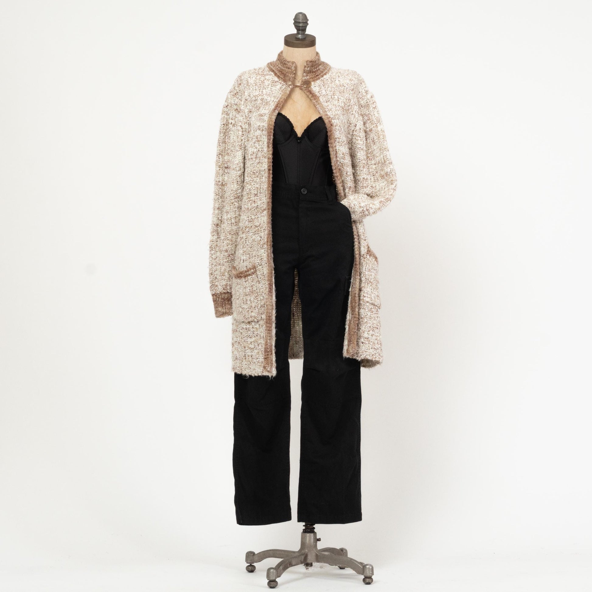 Vintage 80s Two Tone Marled Knit Long Cardigan - Small | Open Front Boho Longline Sweater