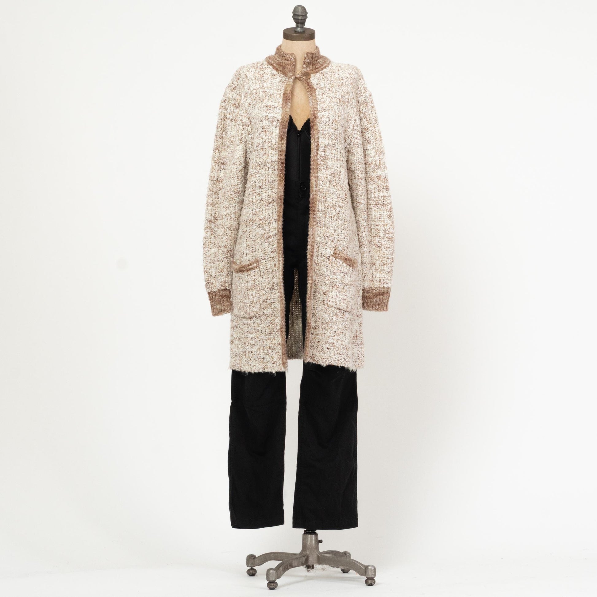 Vintage 80s Two Tone Marled Knit Long Cardigan - Small | Open Front Boho Longline Sweater