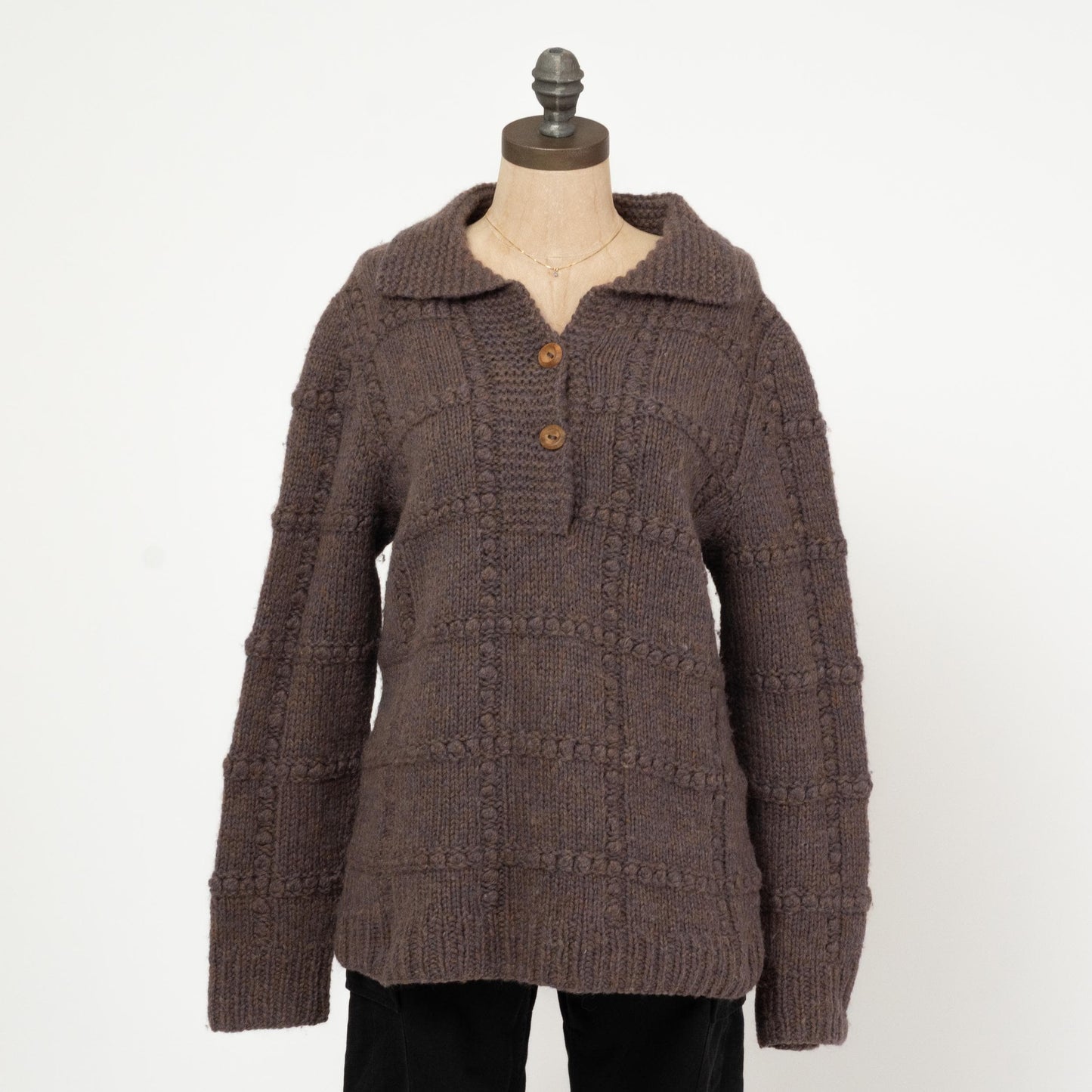 Vintage 80s Collared Chunky Knit Sweater - Large | Earth Tone Marled Knit Pullover