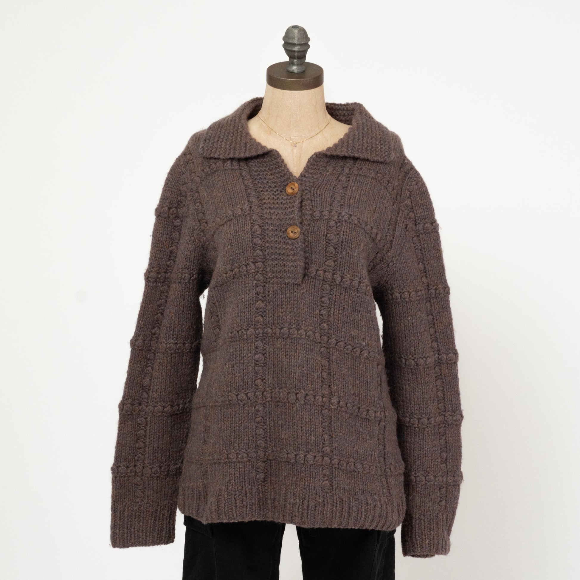 Vintage 80s Collared Chunky Knit Sweater - Large | Earth Tone Marled Knit Pullover