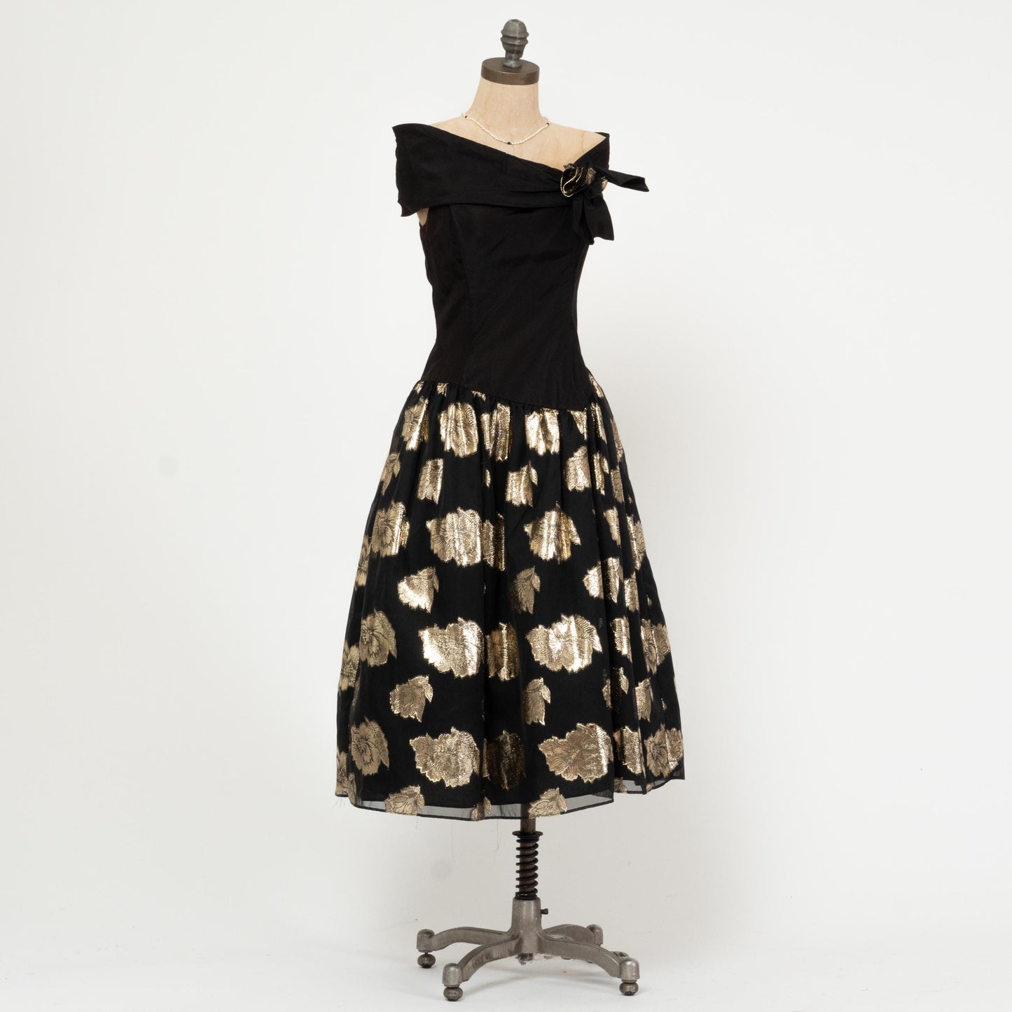 Vintage 80s Gunne Sax Off-Shoulder Party Dress - Small | Black Gold Basque Waist Fit Flare Bow Midi Dress