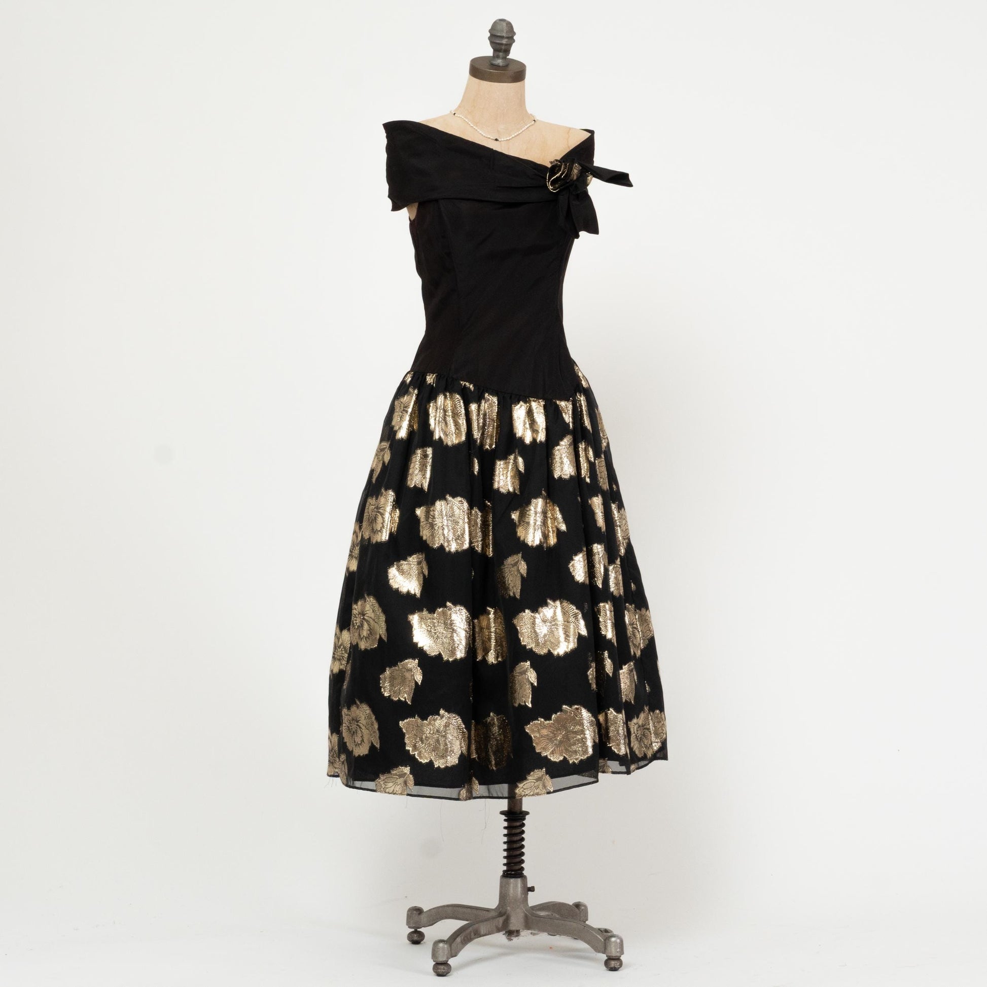 Vintage 80s Gunne Sax Off-Shoulder Party Dress - Small | Black Gold Basque Waist Fit Flare Bow Midi Dress
