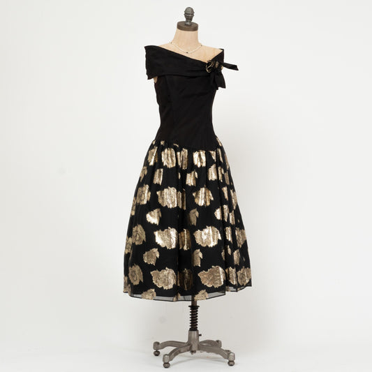 Vintage 80s Gunne Sax Off-Shoulder Party Dress - Small | Black Gold Basque Waist Fit Flare Bow Midi Dress