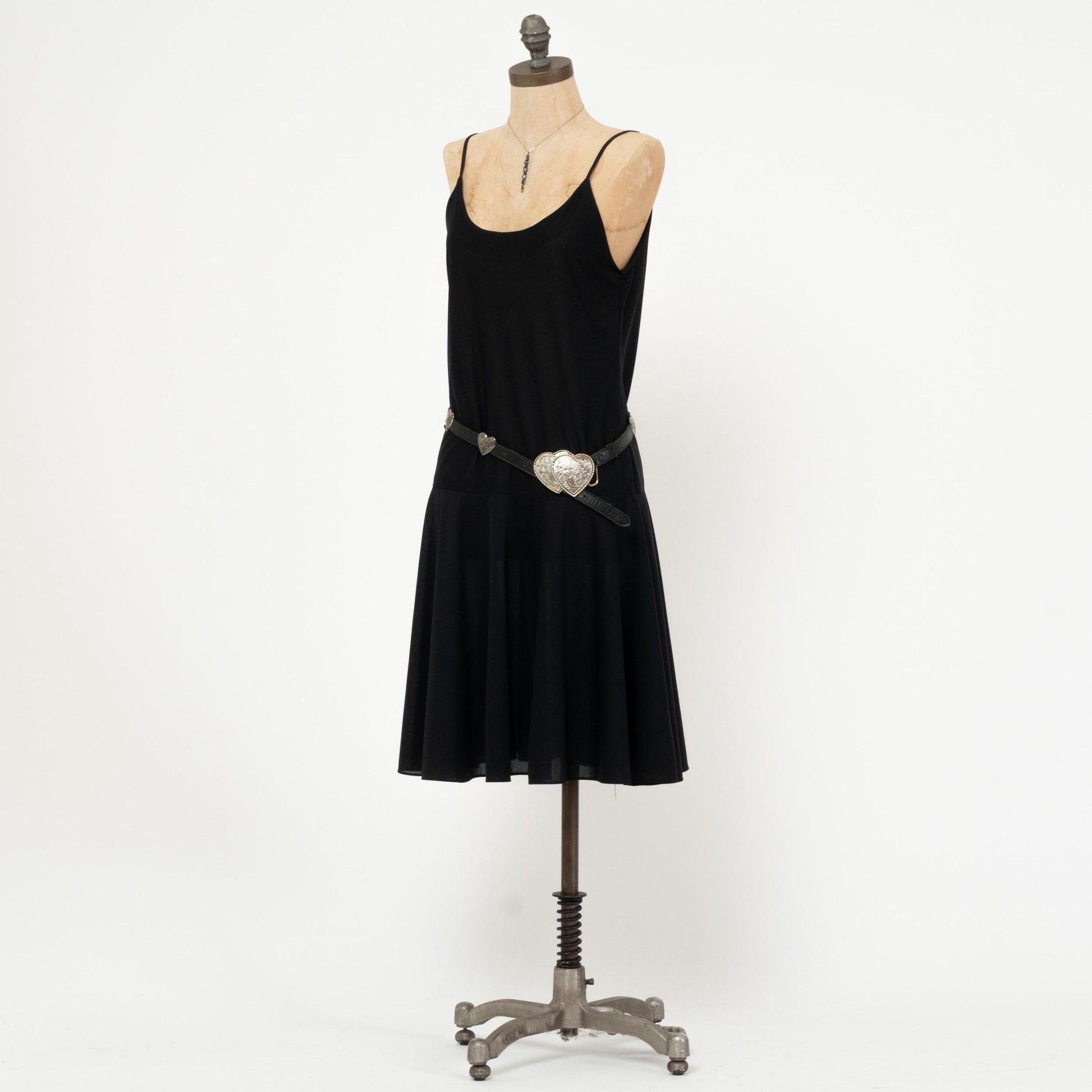 Vintage 90s Black Drop Waist Dress - Medium | Spaghetti Strap Knee Length Dress