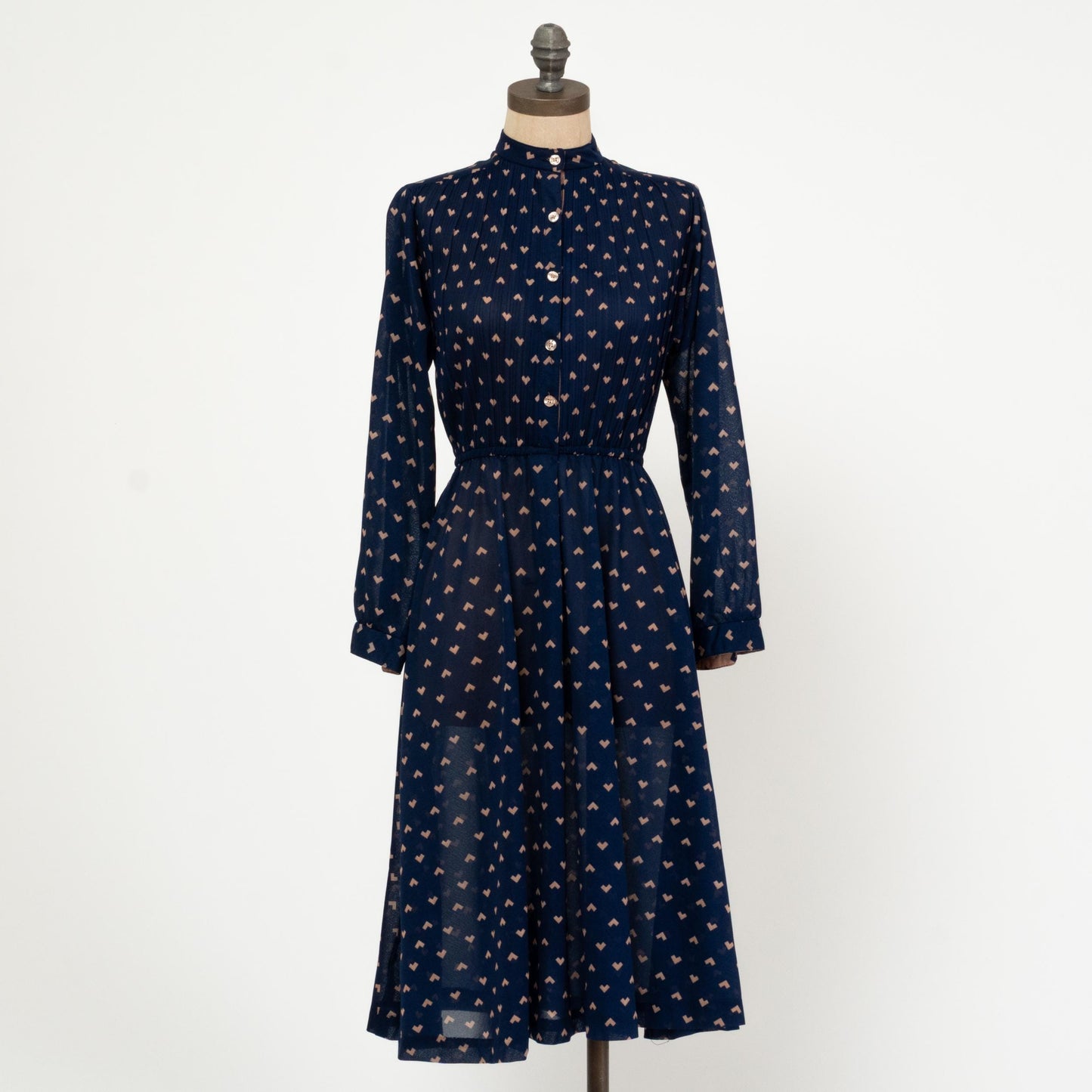 Vintage 70s Navy Blue Midi Shirtdress - Small | Long Sleeve Geometric Heart Print Secretary Dress