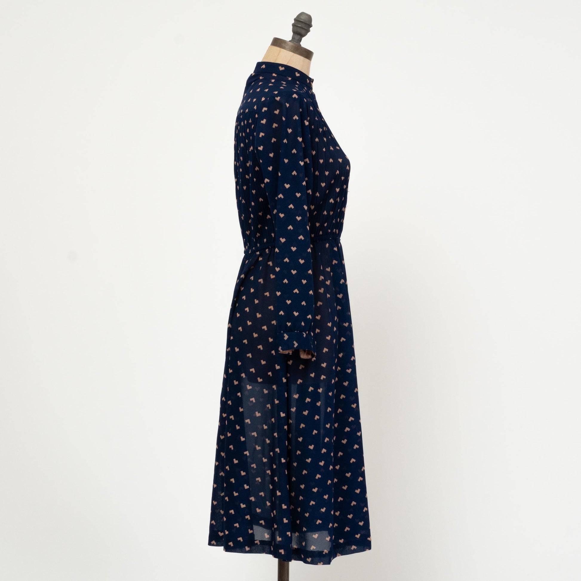Vintage 70s Navy Blue Midi Shirtdress - Small | Long Sleeve Geometric Heart Print Secretary Dress