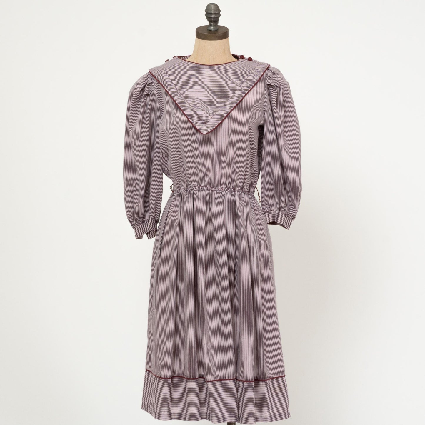 Vintage 80s Mauve Pinstripe Bib Collar Dress - Medium | Striped Puff Sleeve Midi Shirtdress