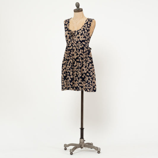 Vintage 90s Blue Floral Babydoll Mini Dress - Small | Boho Sleeveless Summer Sundress