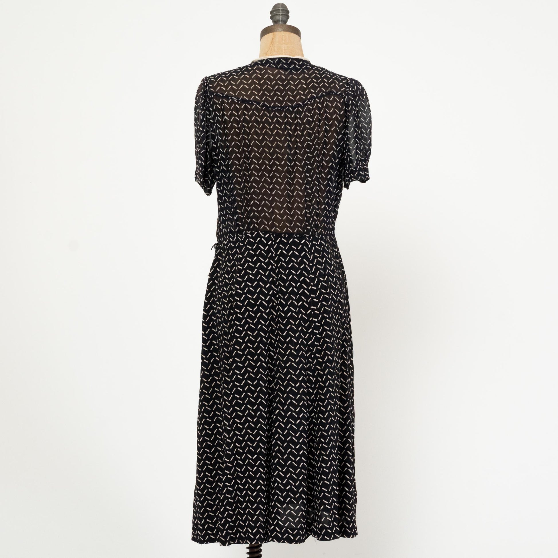 Vintage 40s Black & White Sheer Midi Shirtdress - Medium | 1940s Shirred Bodice Retro A Line Dress