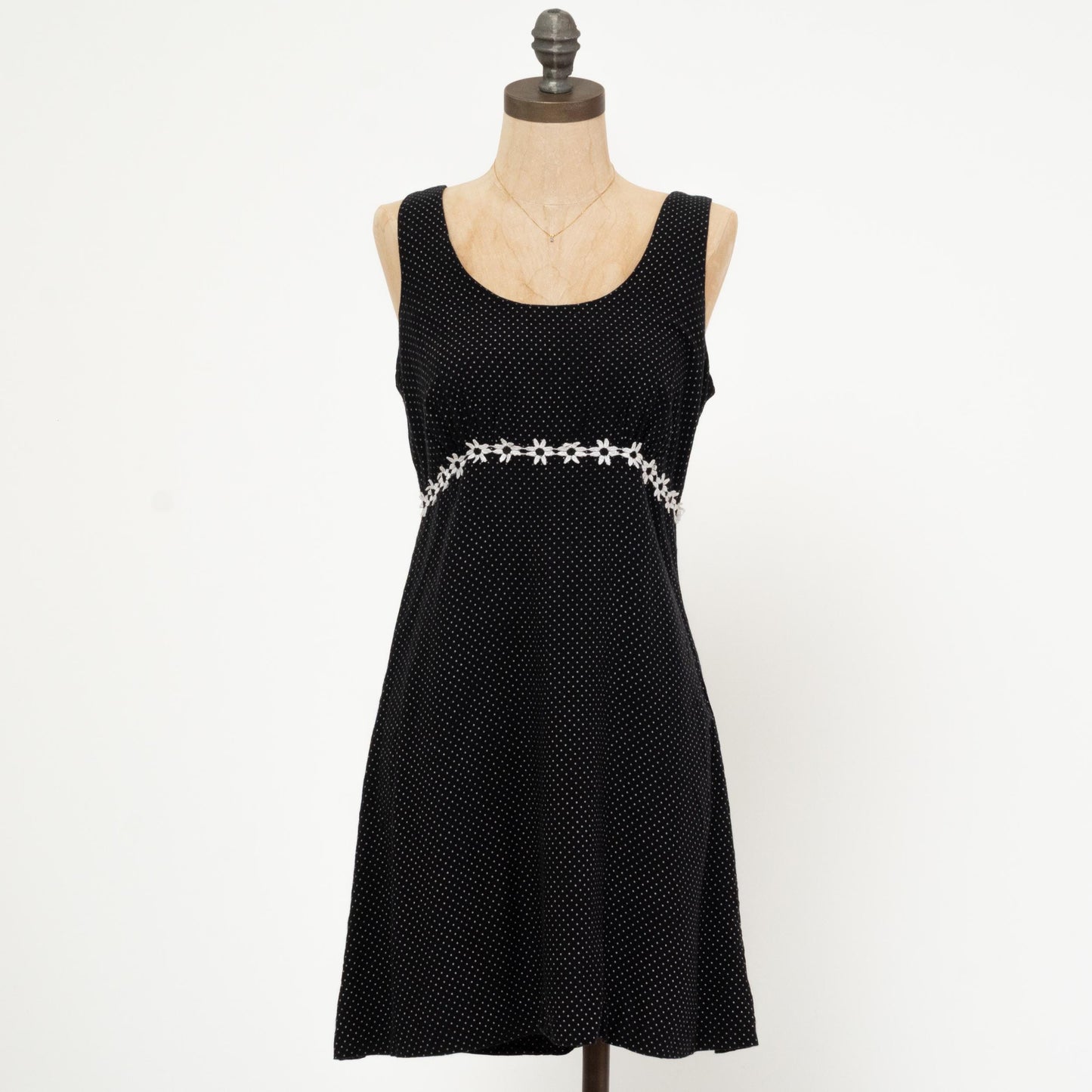 Vintage 90s Black & White Floral Polka Dot Mini Dress - Medium | Boho Babydoll Summer Sundress