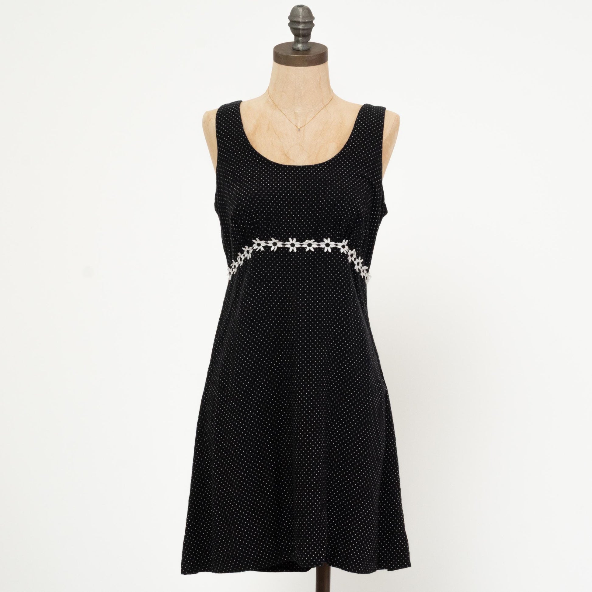 Vintage 90s Black & White Floral Polka Dot Mini Dress - Medium | Boho Babydoll Summer Sundress