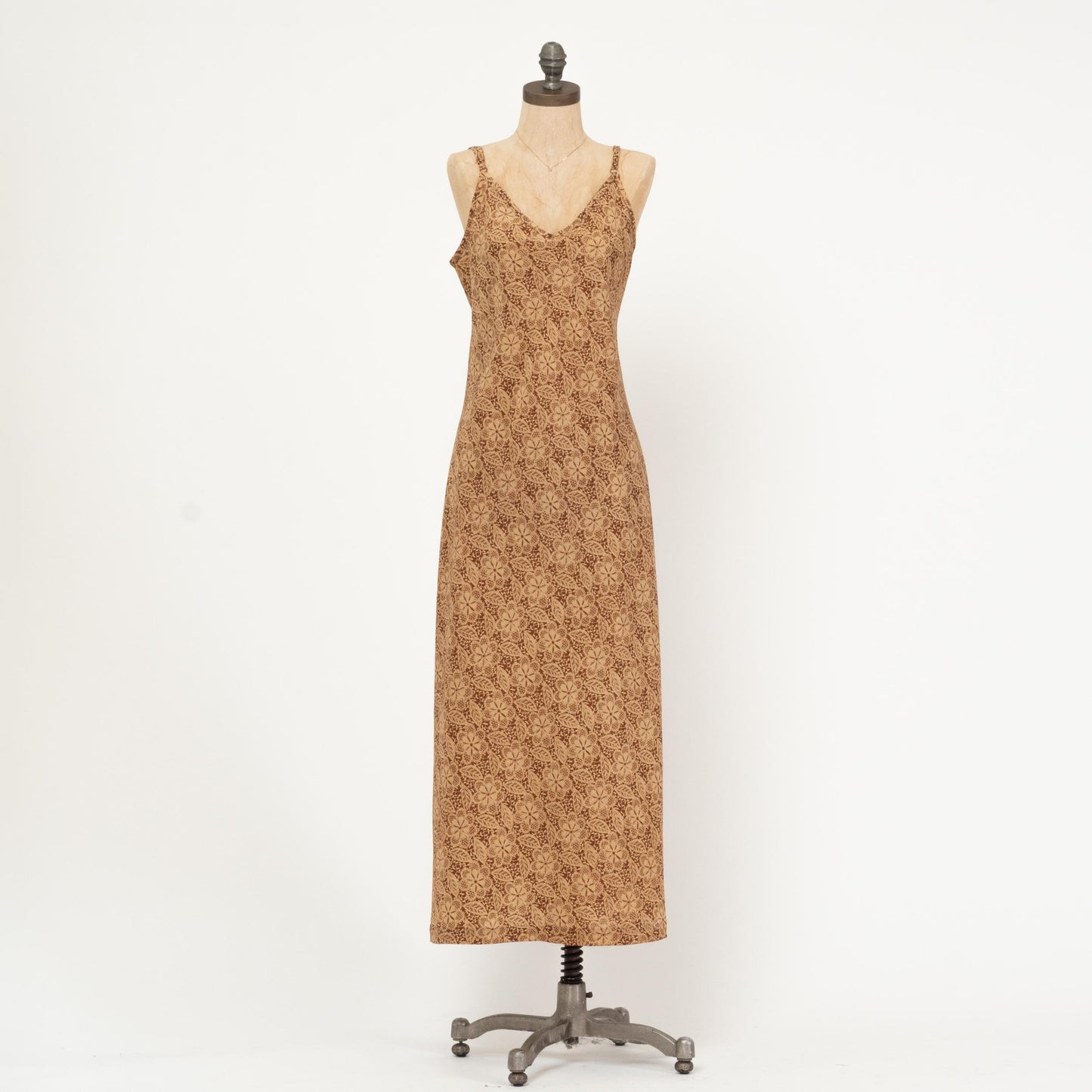 Vintage 90s Brown Batik Floral Maxi Dress - Large | Boho Spaghetti Strap Summer Sundress